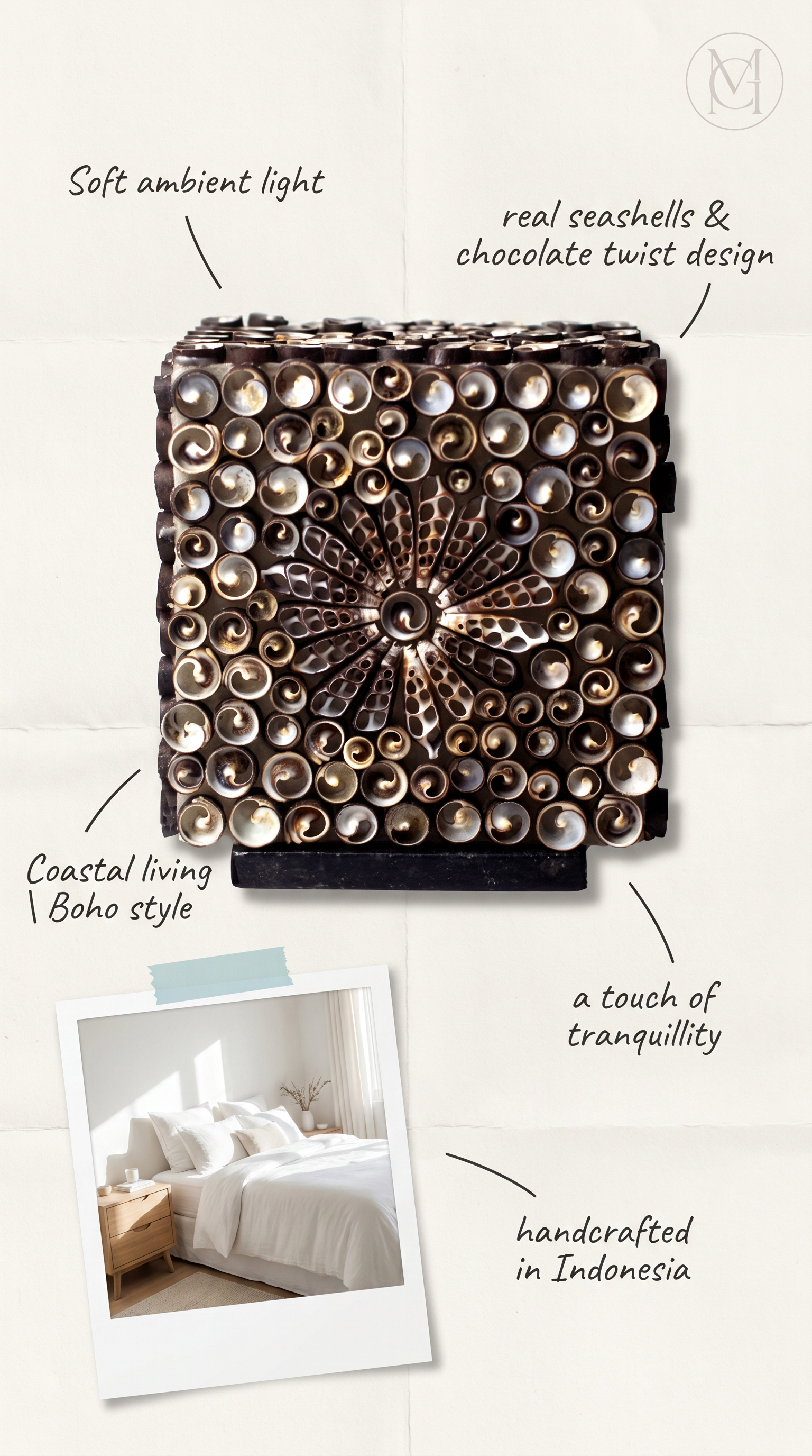 Handcrafted Bohemian Sea Shell Lamp, Chocolate Twist Design, Coastal Square Lamp