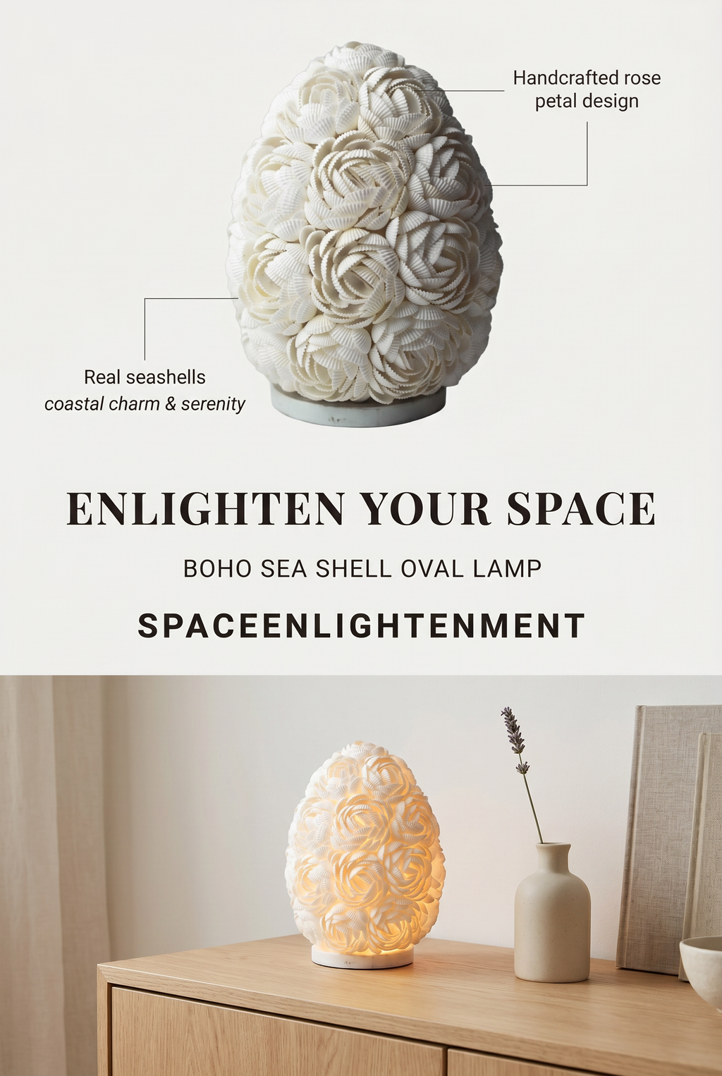 Boho Sea Shell Lamp - Rose Oval - 15cm