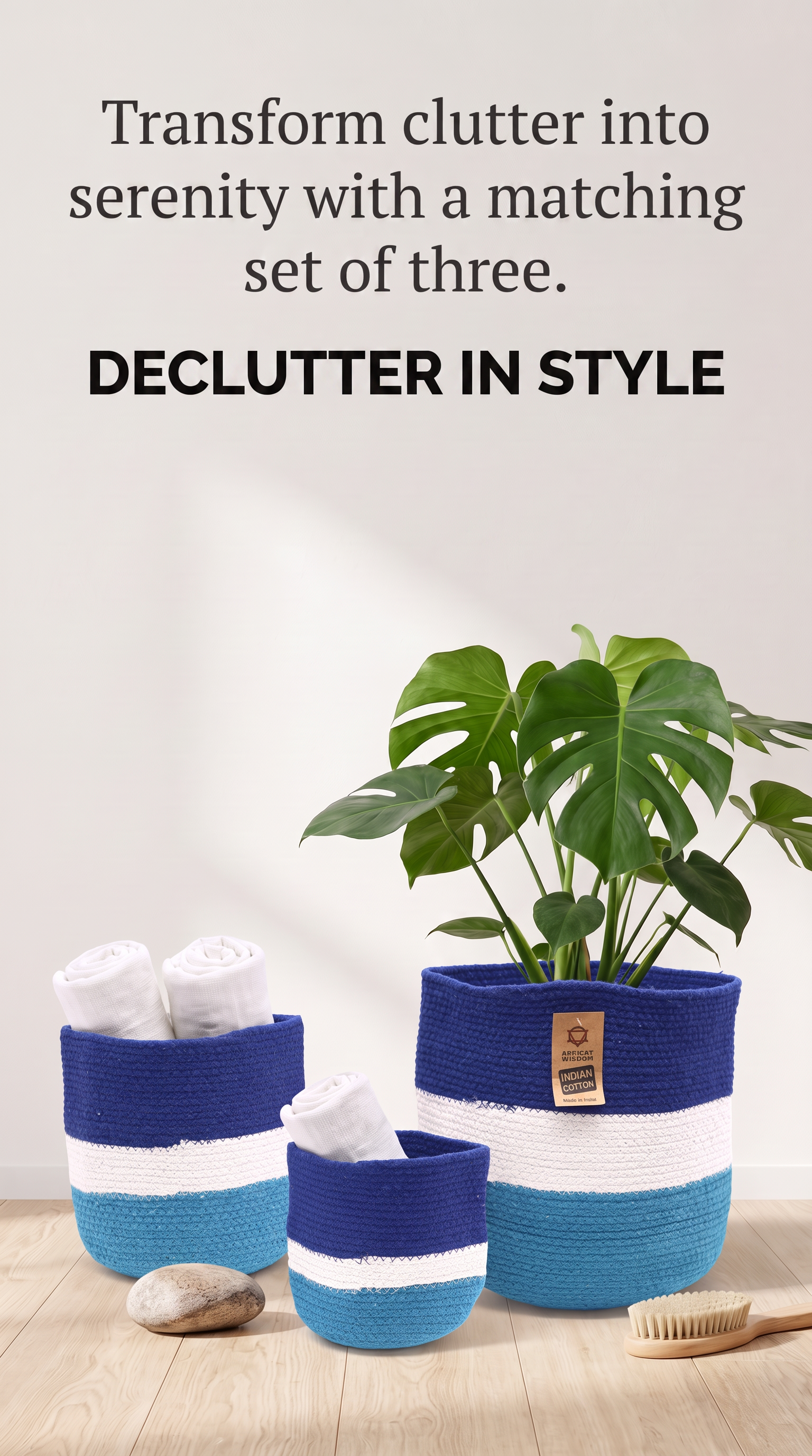 Handmade Baskets SET of 3 Jute Rope Blue & White Striped Design