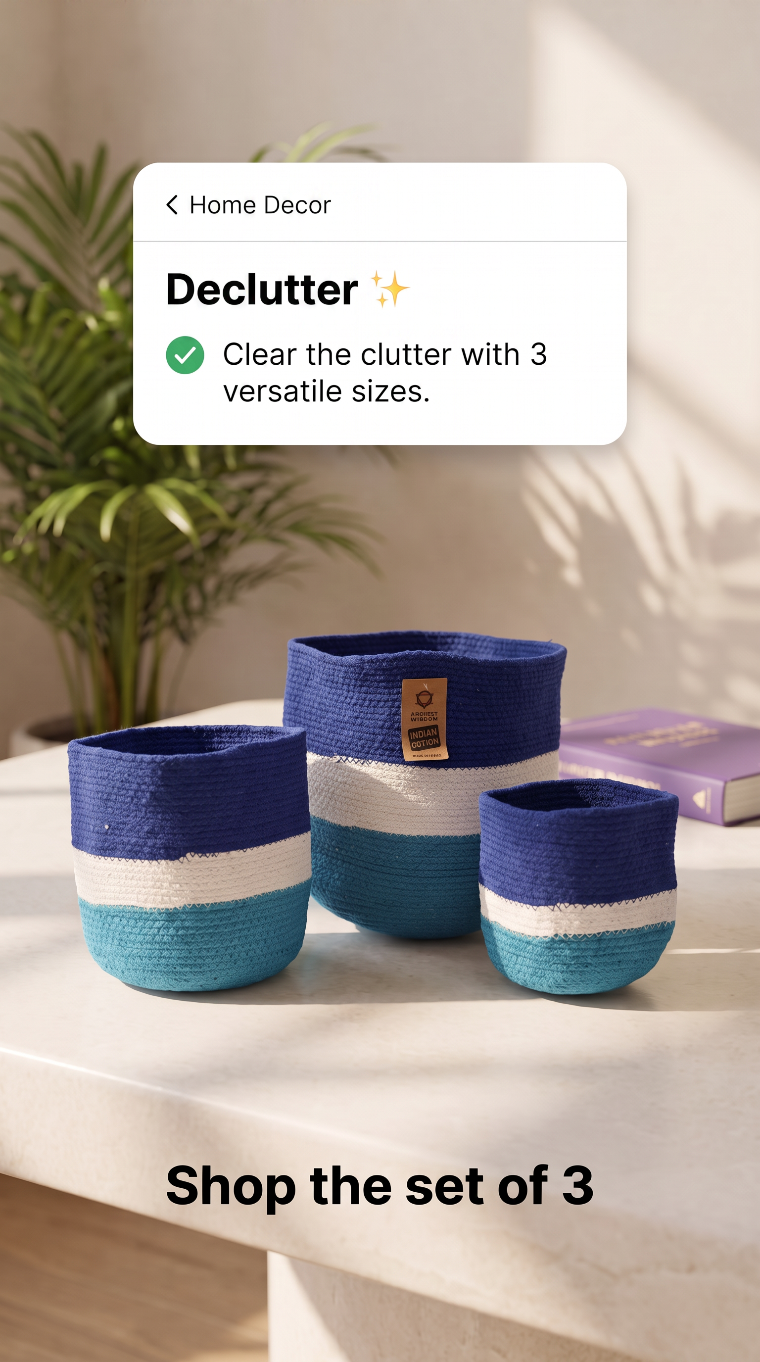 Handmade Baskets SET of 3 Jute Rope Blue & White Striped Design
