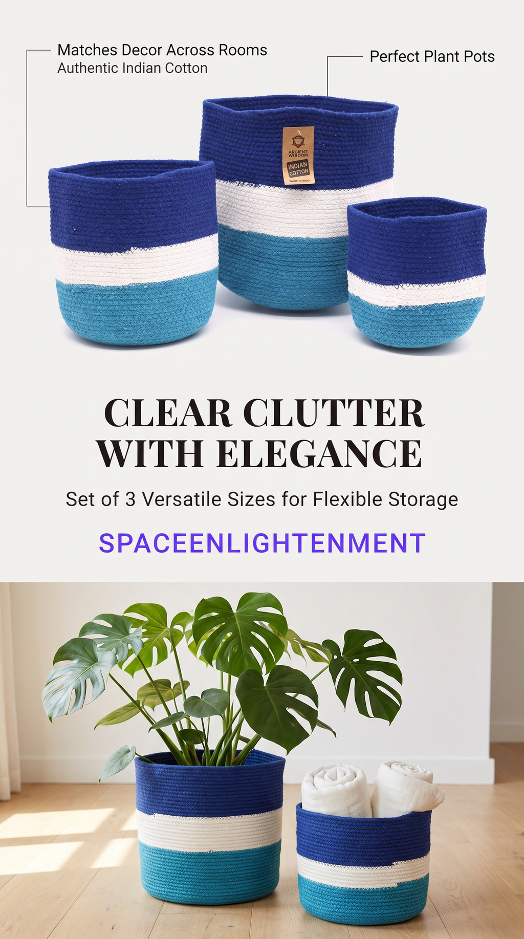 Handmade Baskets SET of 3 Jute Rope Blue & White Striped Design