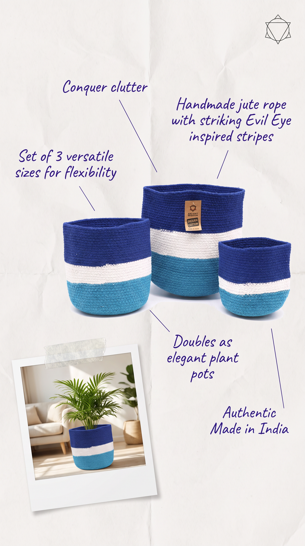 Handmade Baskets SET of 3 Jute Rope Blue & White Striped Design