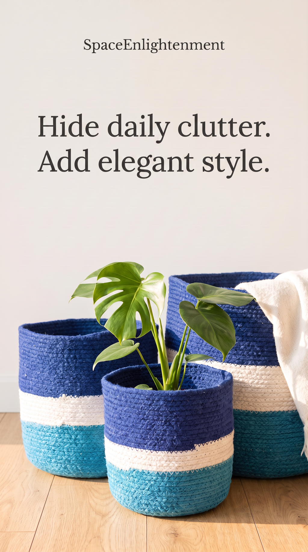 Handmade Baskets SET of 3 Jute Rope Blue & White Striped Design