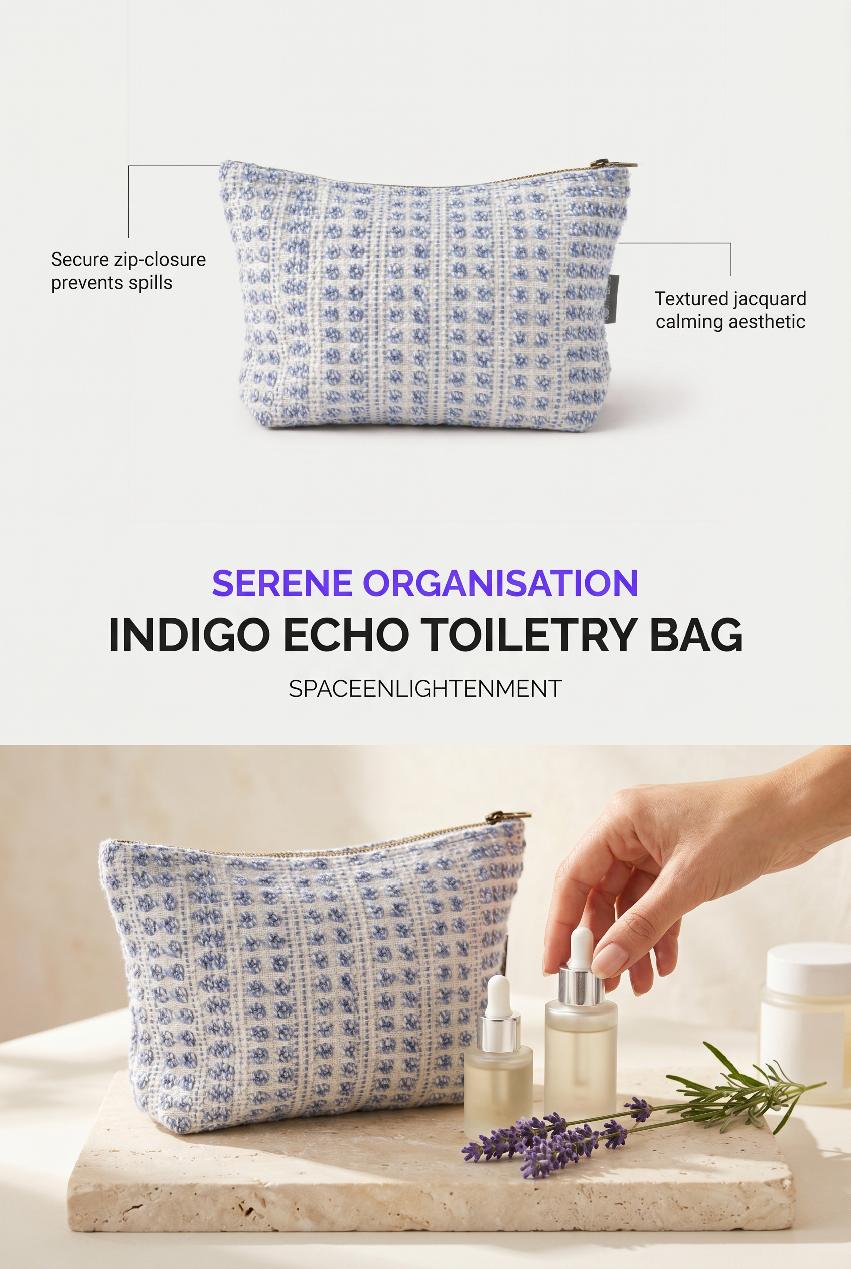 Handmade Cotton Toiletry Bag Indigo Blue Echo Jacquard