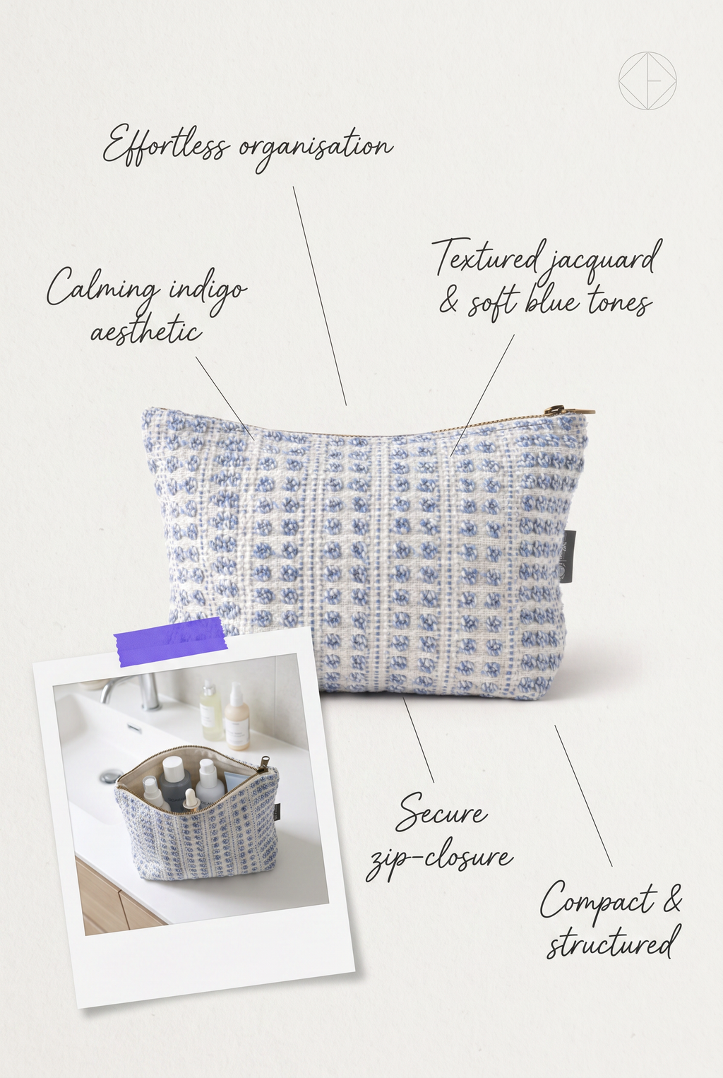 Handmade Cotton Toiletry Bag Indigo Blue Echo Jacquard