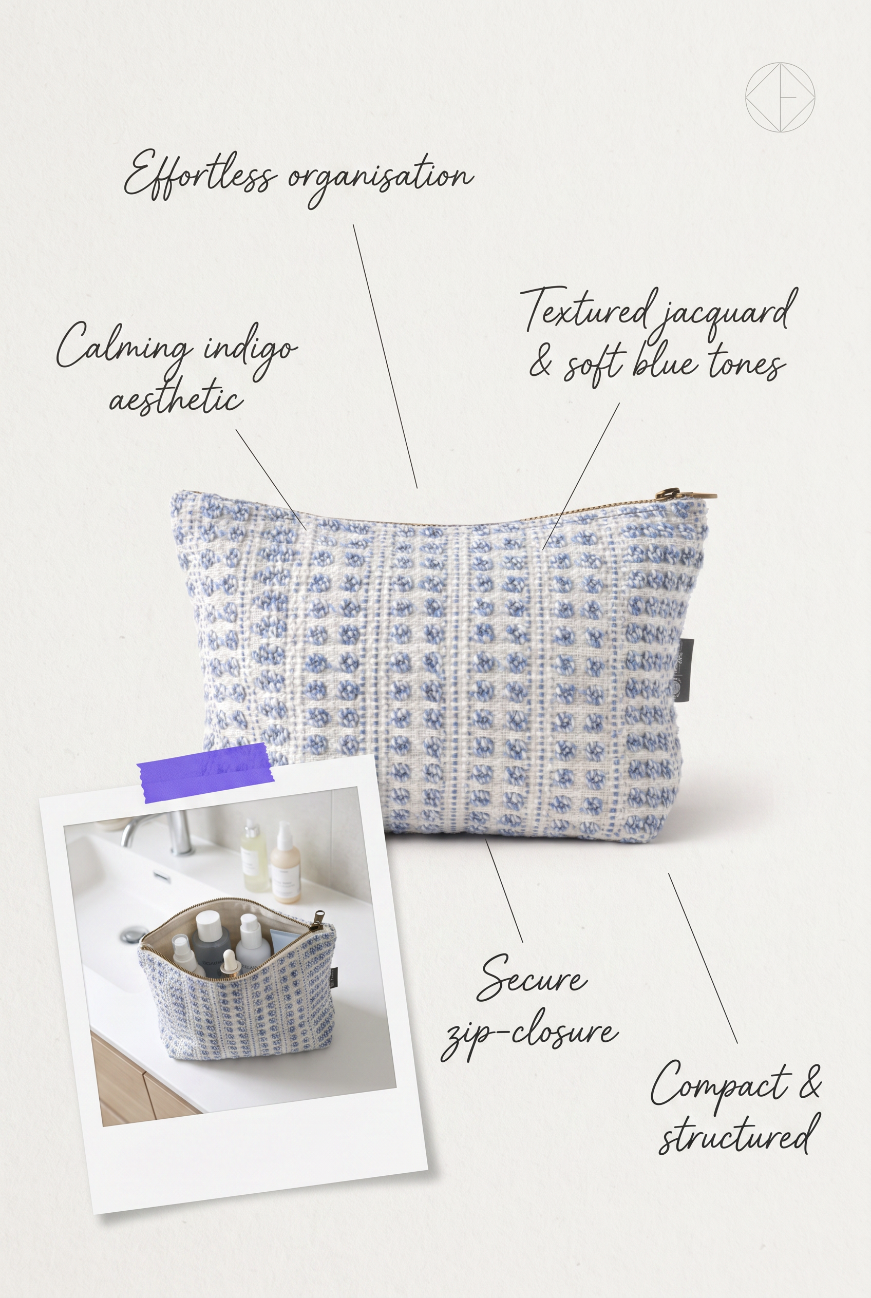 Handmade Cotton Toiletry Bag Indigo Blue Echo Jacquard