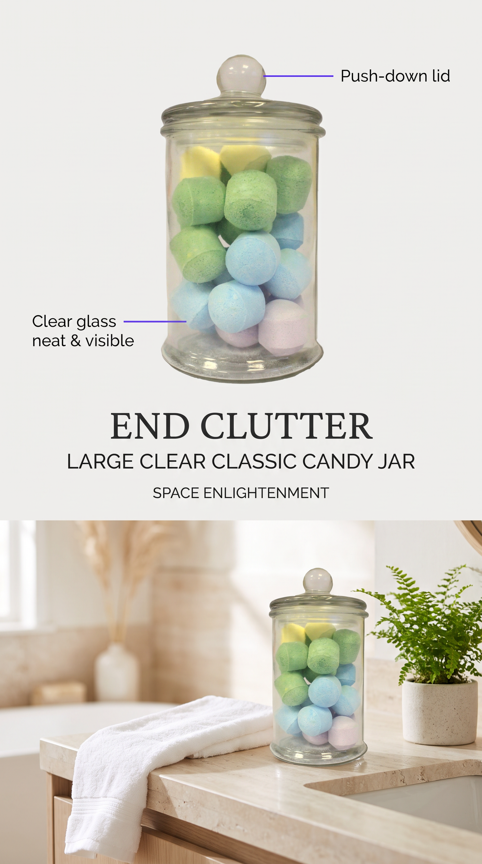 LARGE Clear Classic Jar - Push Down Lid  Candy Jars