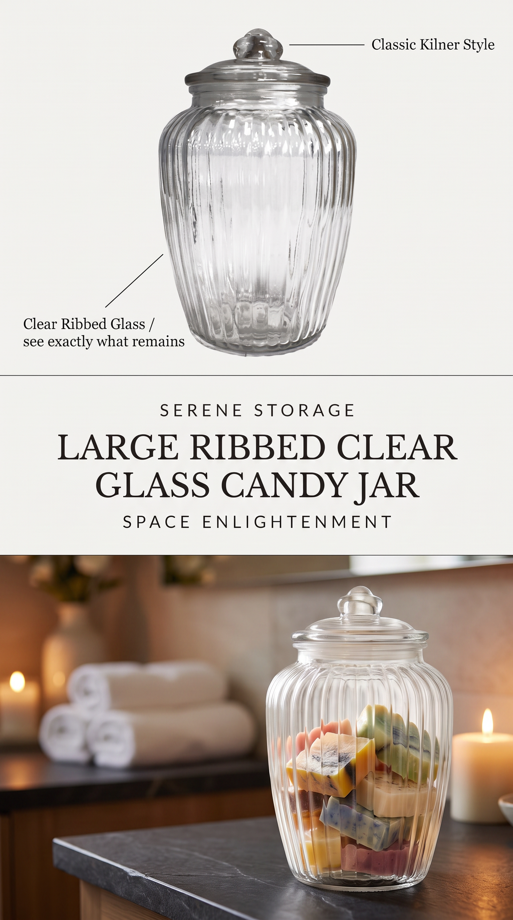 Large Ribbed Clear Glass Candy Jars