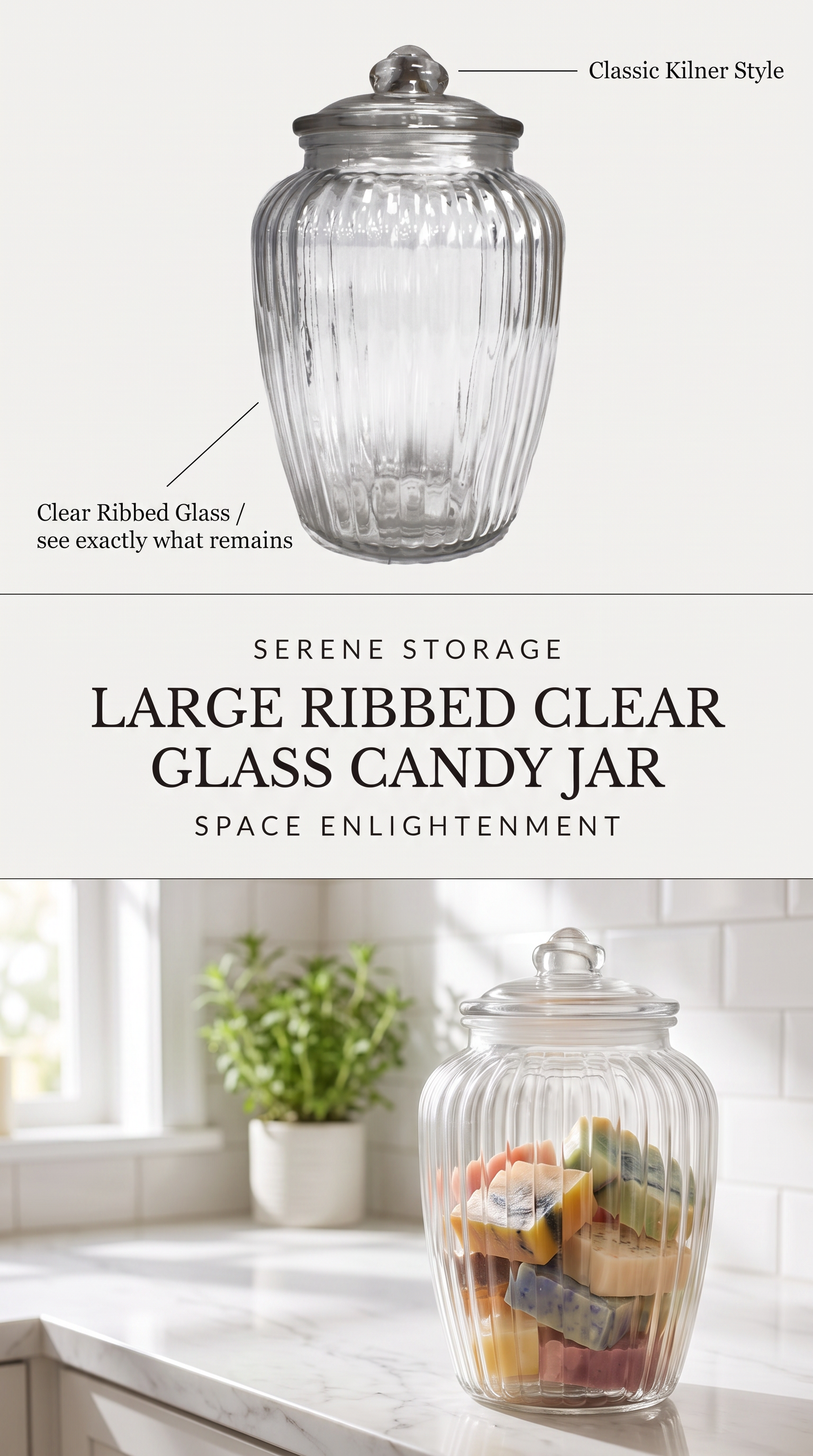 Large Ribbed Clear Glass Candy Jars