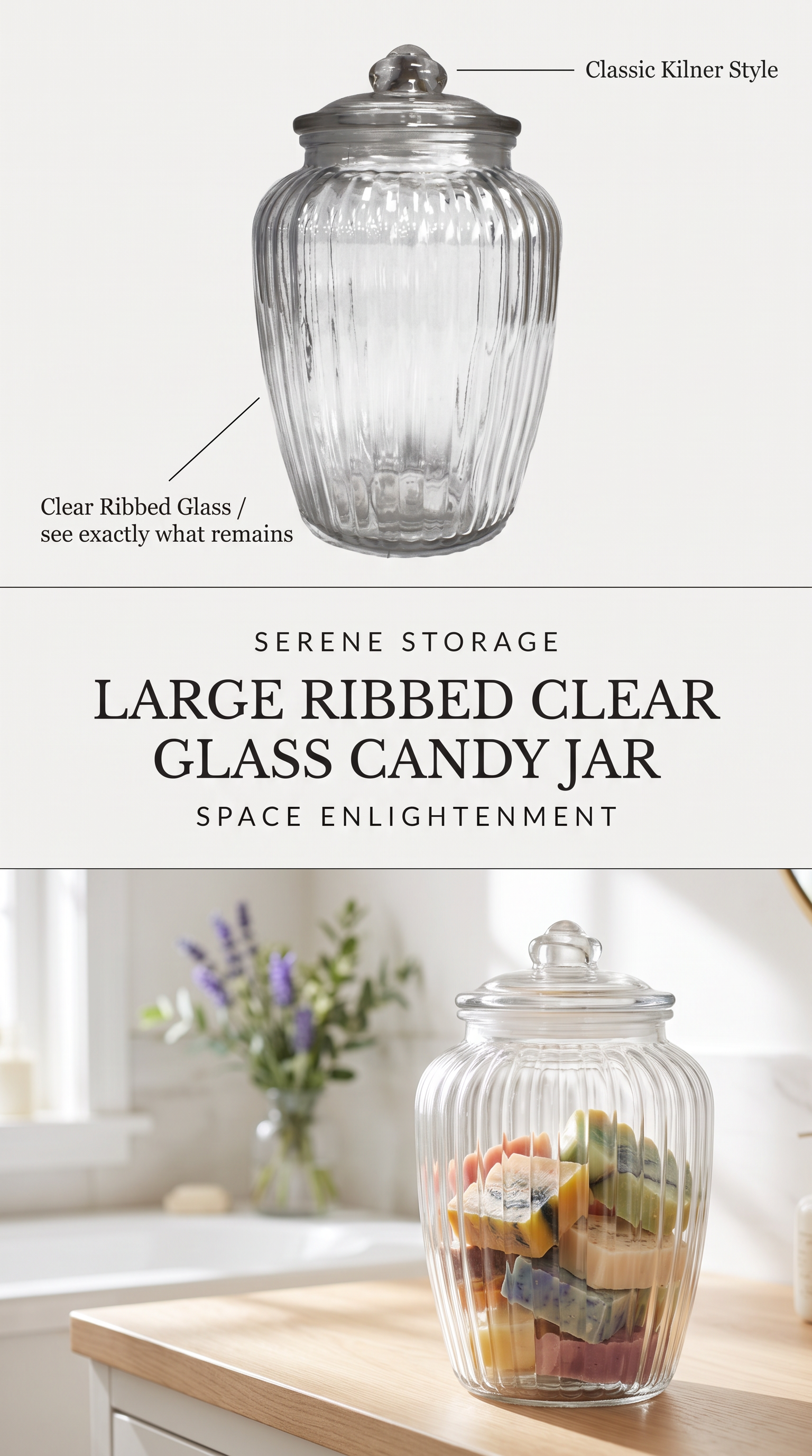 Large Ribbed Clear Glass Candy Jars