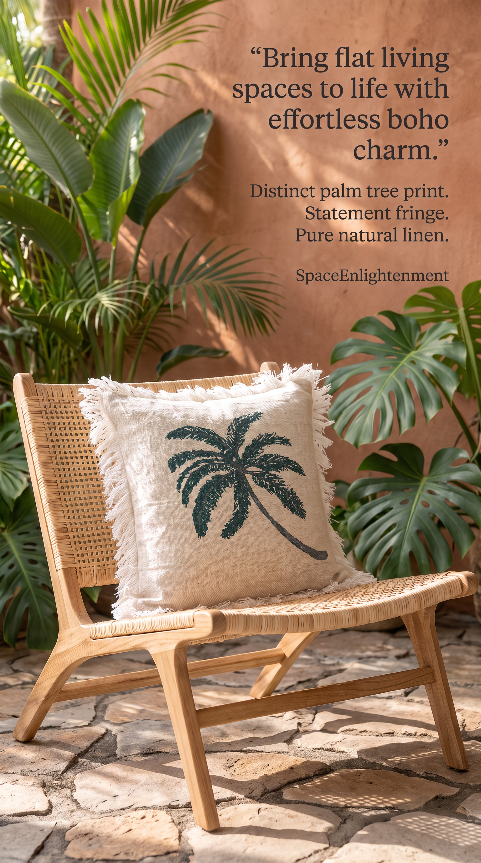 Linen Cushion Cover 45x45cm Palm Tree  with Fringe