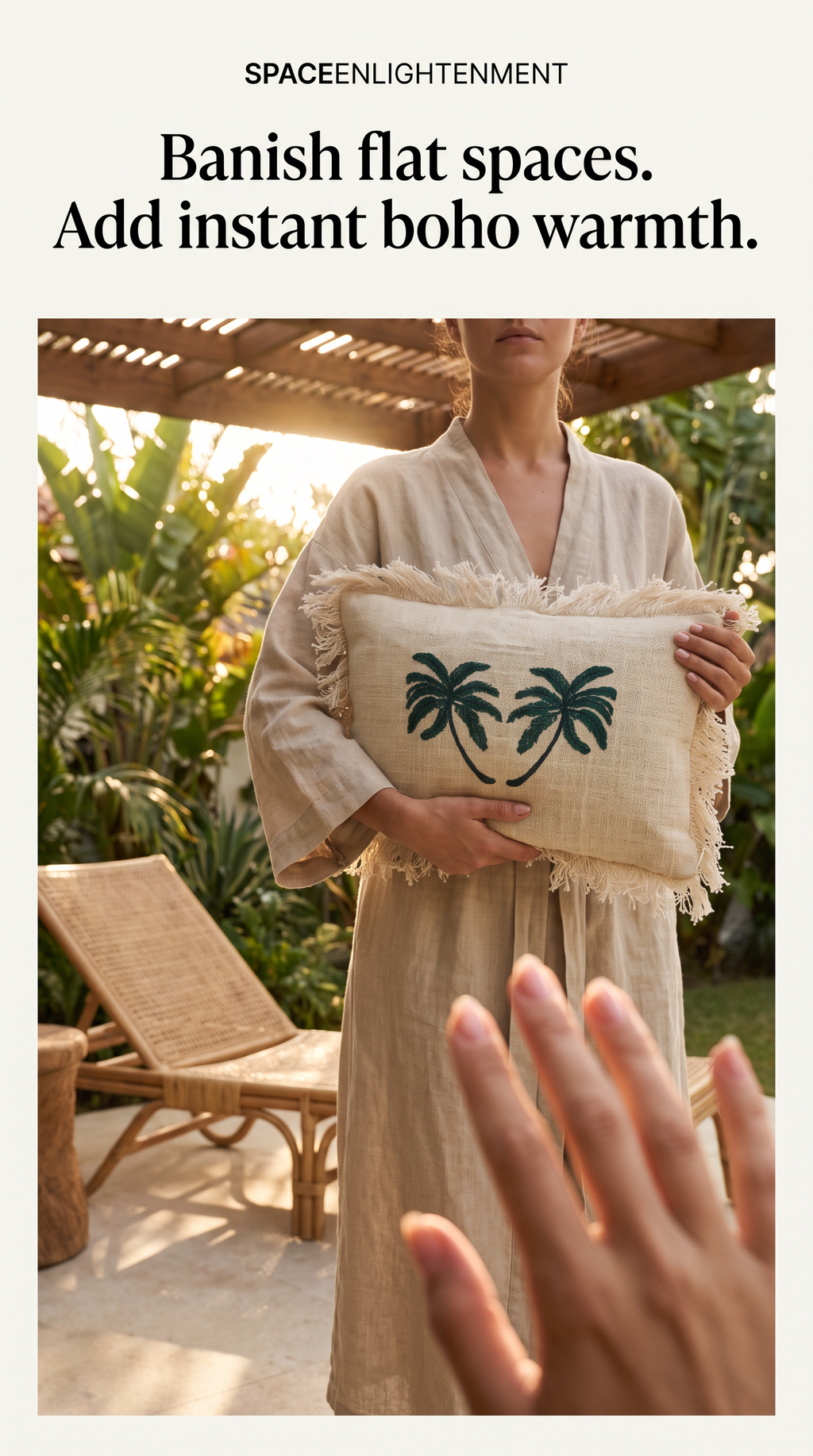 Linen Cushion Cover Palm Tree with Fringe