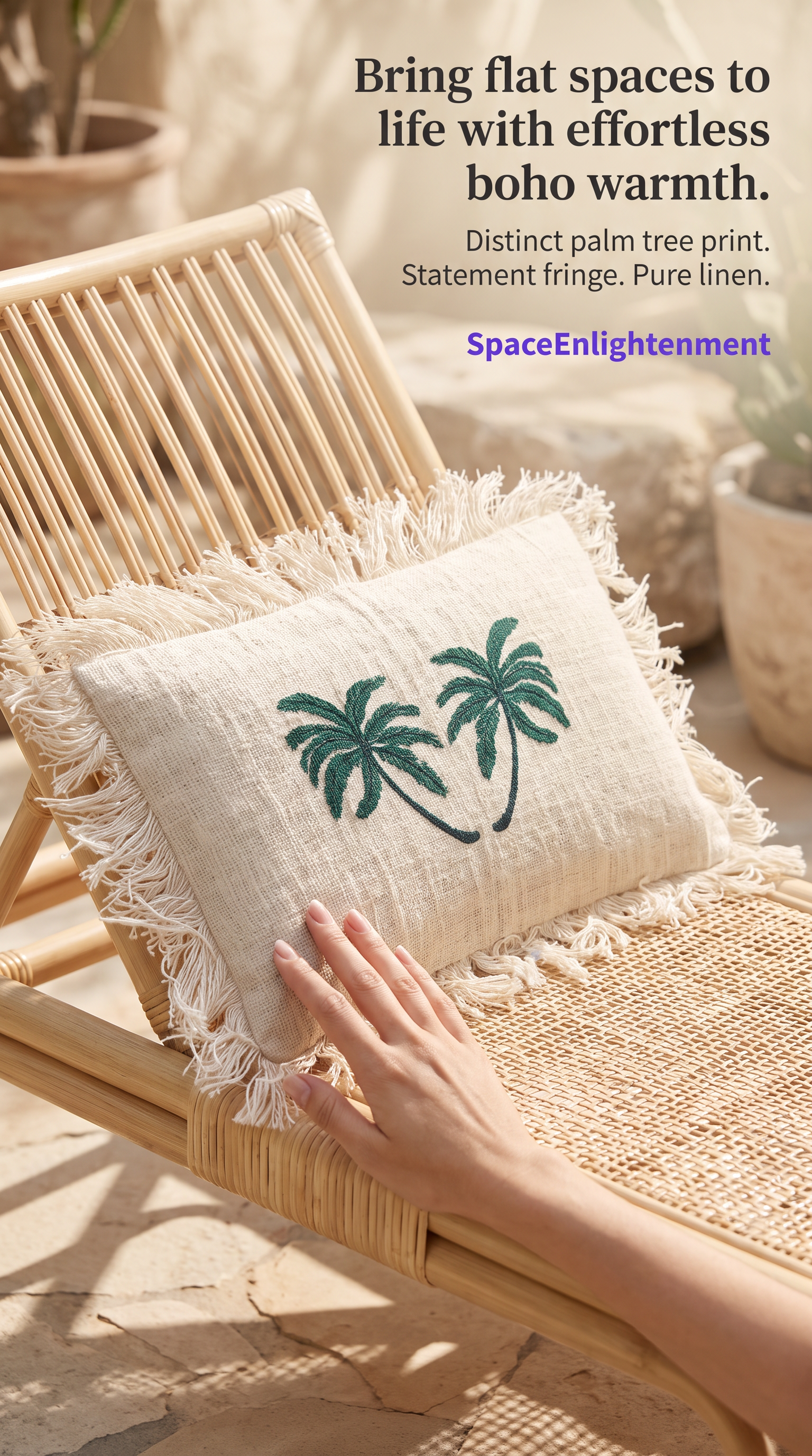 Linen Cushion Cover Palm Tree with Fringe