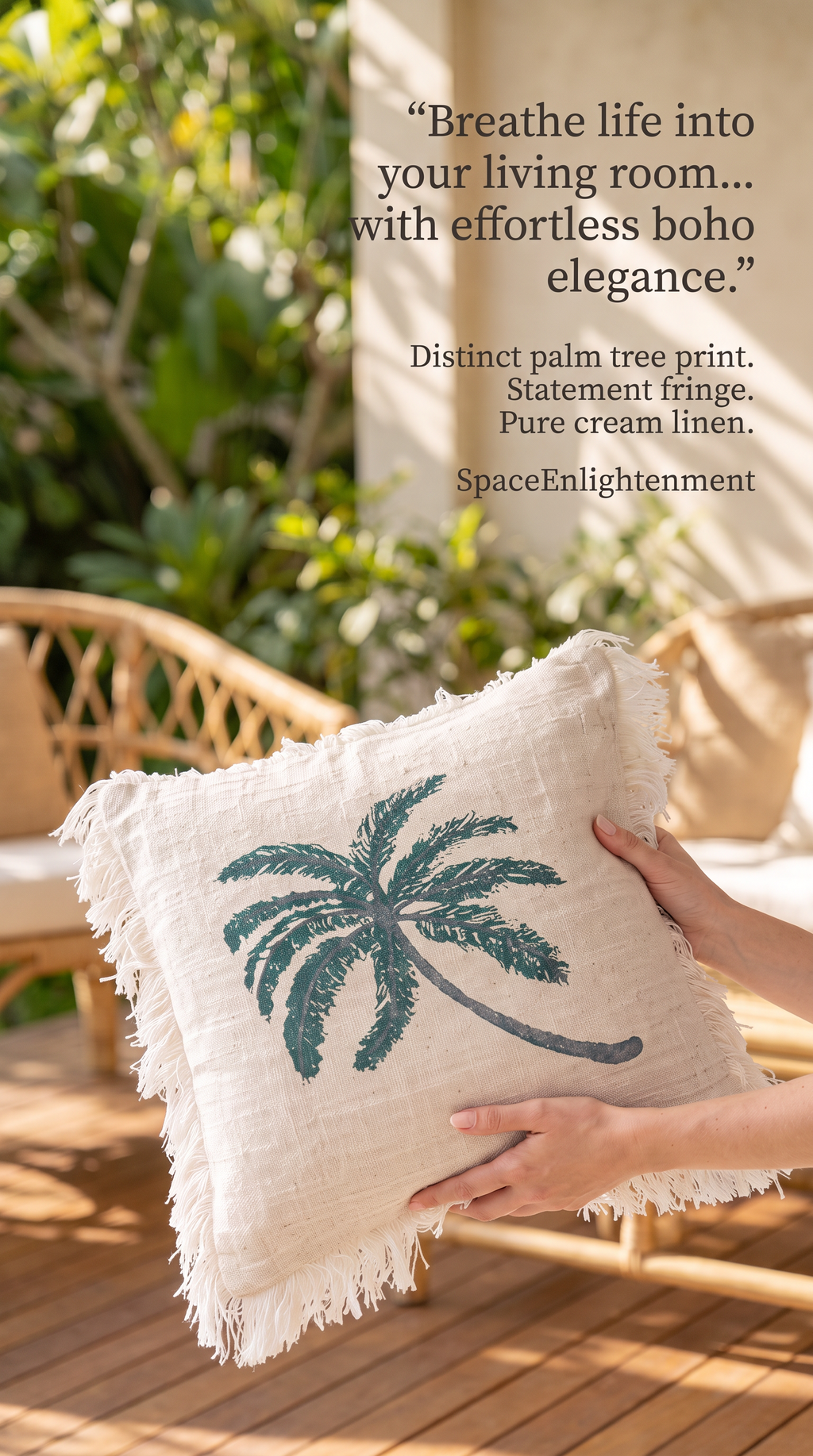 Linen Cushion Cover 45x45cm Palm Tree  with Fringe