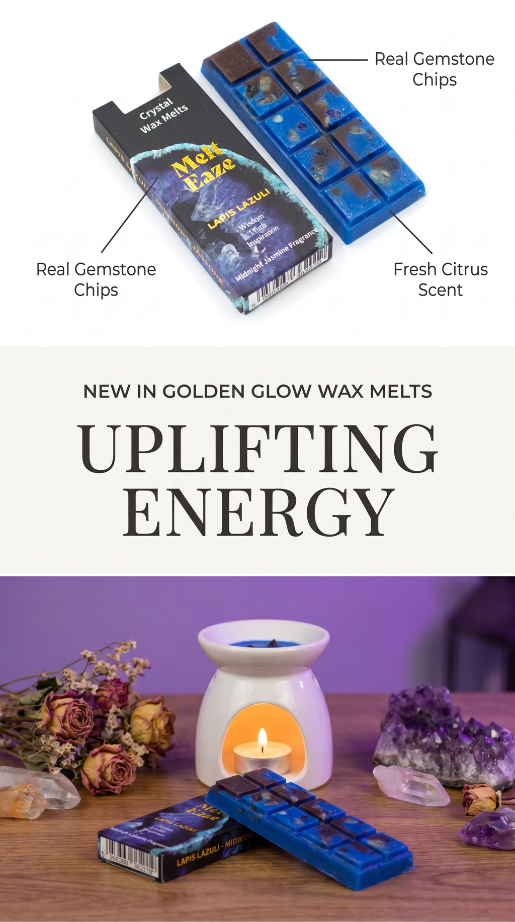 Wax melts bar Jasmine fragrance with Lapis Lazuli gemstone chips