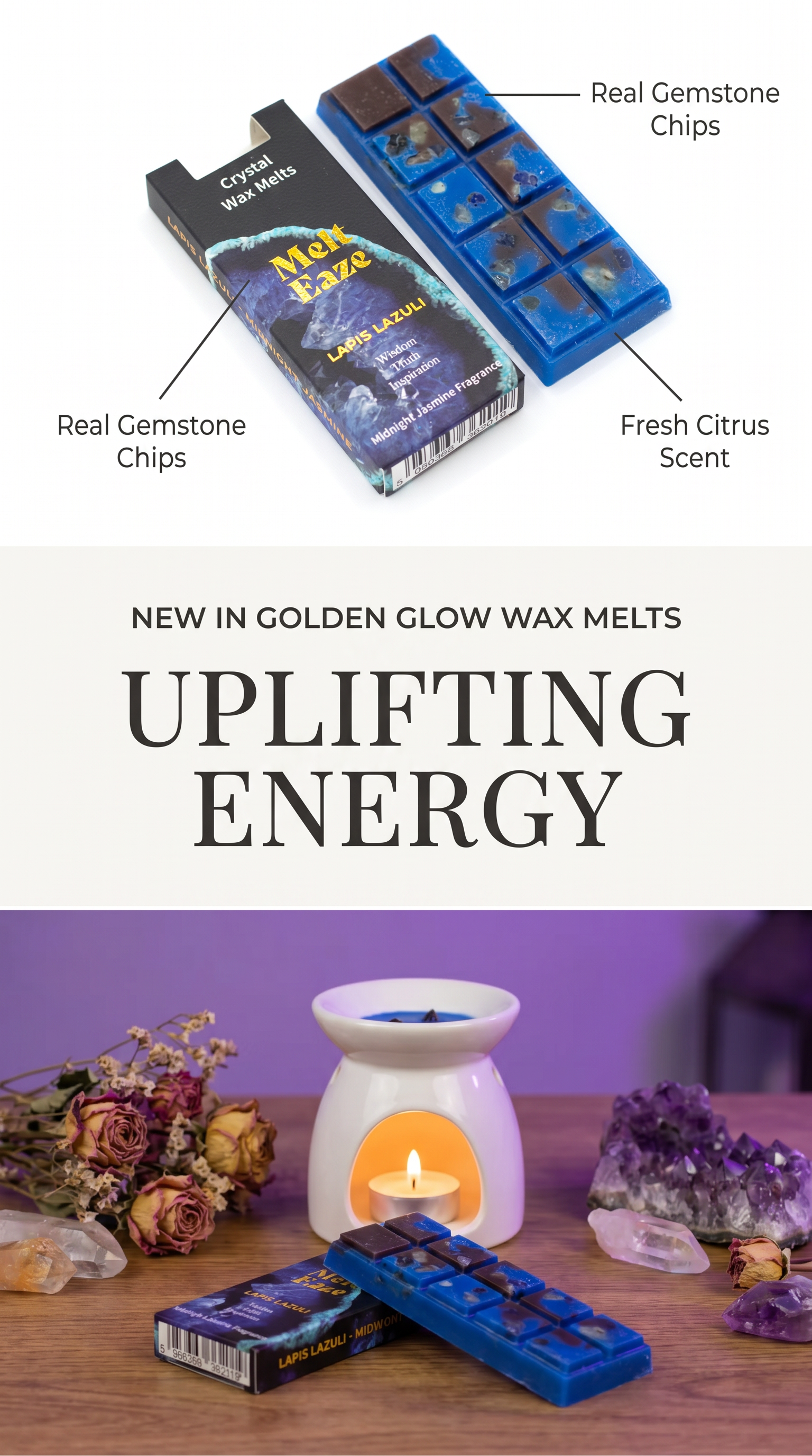 Wax melts bar Jasmine fragrance with Lapis Lazuli gemstone chips