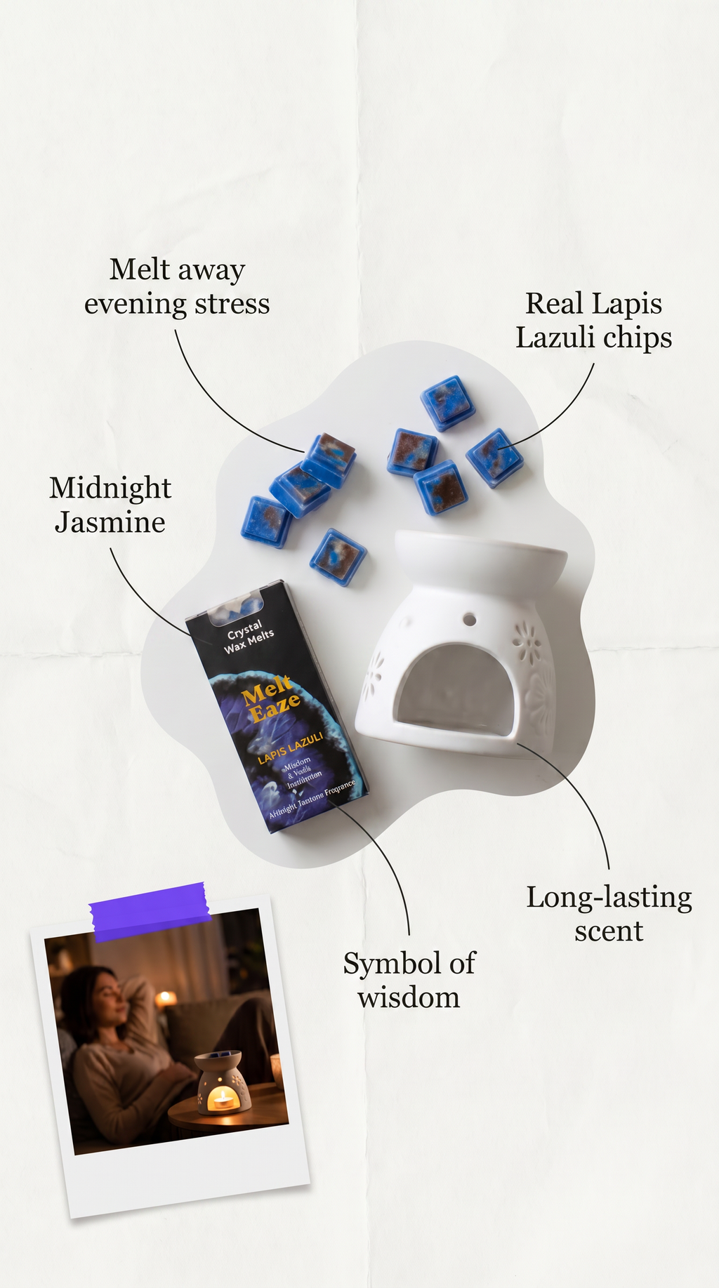 Wax melts bar Jasmine fragrance with Lapis Lazuli gemstone chips