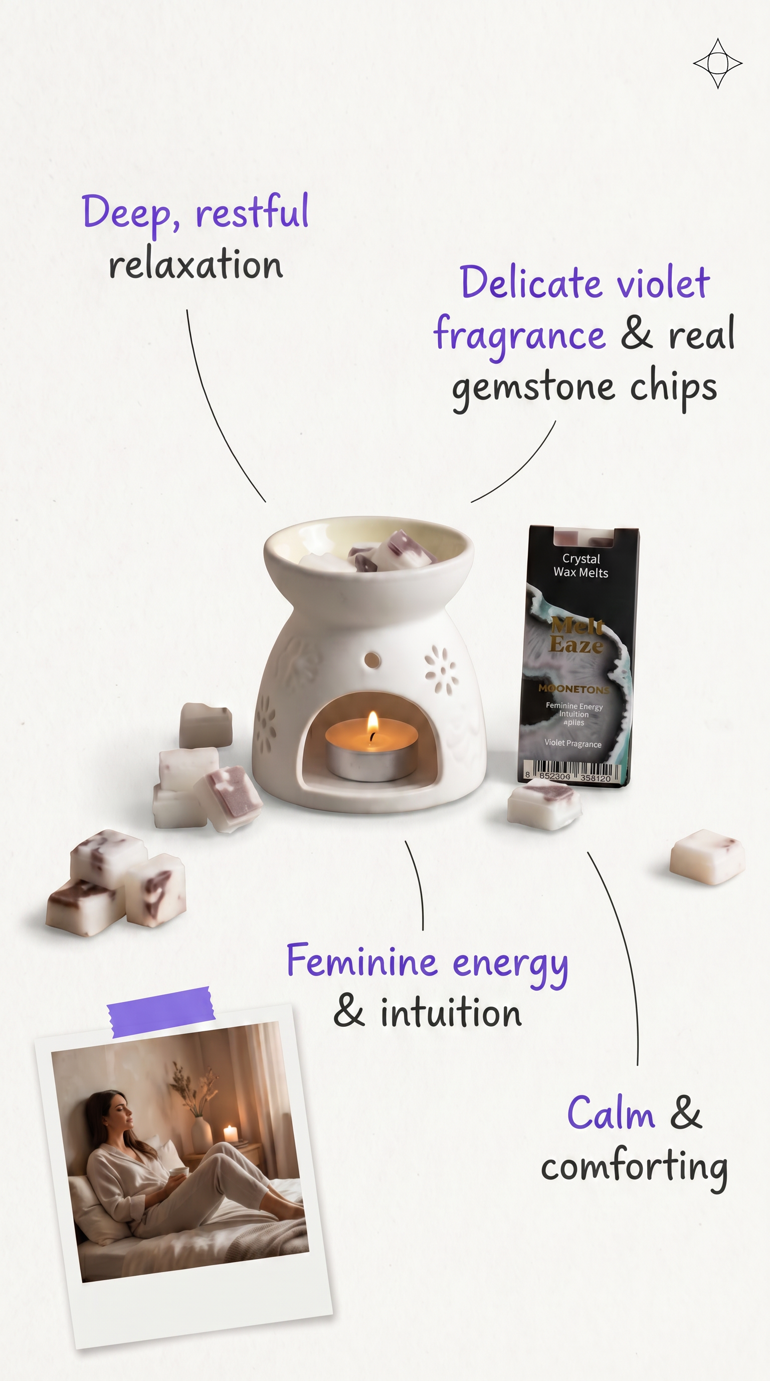 Wax Melts delicate violet fragrance with Moonstone gemstone chips