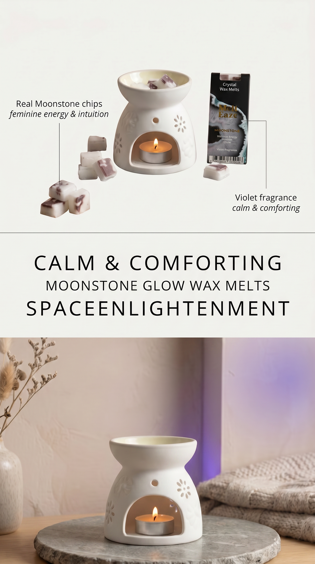 Wax Melts delicate violet fragrance with Moonstone gemstone chips