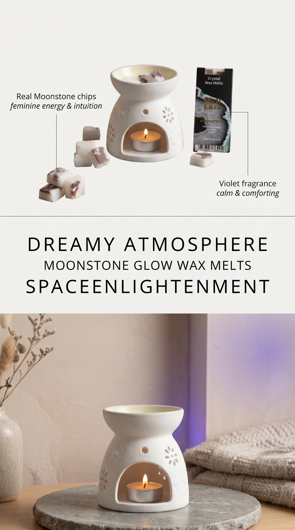 Wax Melts delicate violet fragrance with Moonstone gemstone chips
