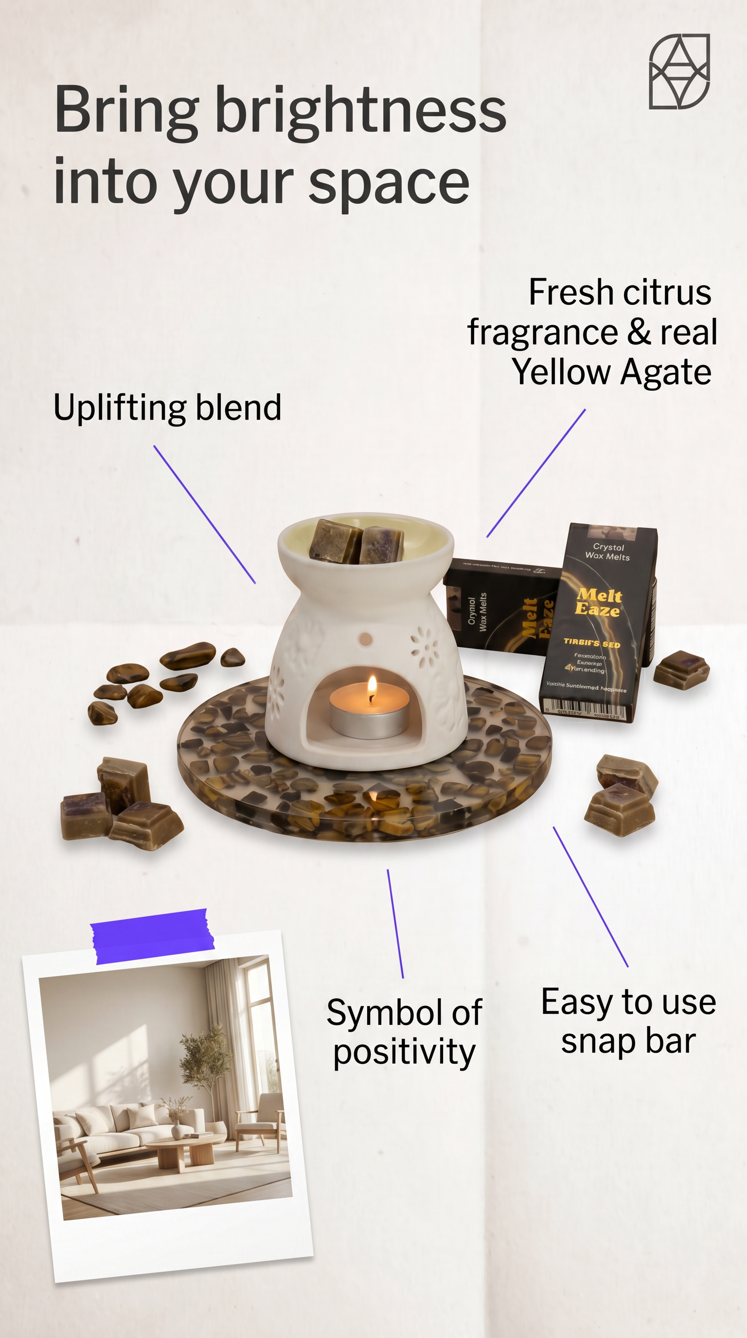 Wax Melts Bar Vanilla Sandalwood fragrance with Tigereye Gemstone Chips