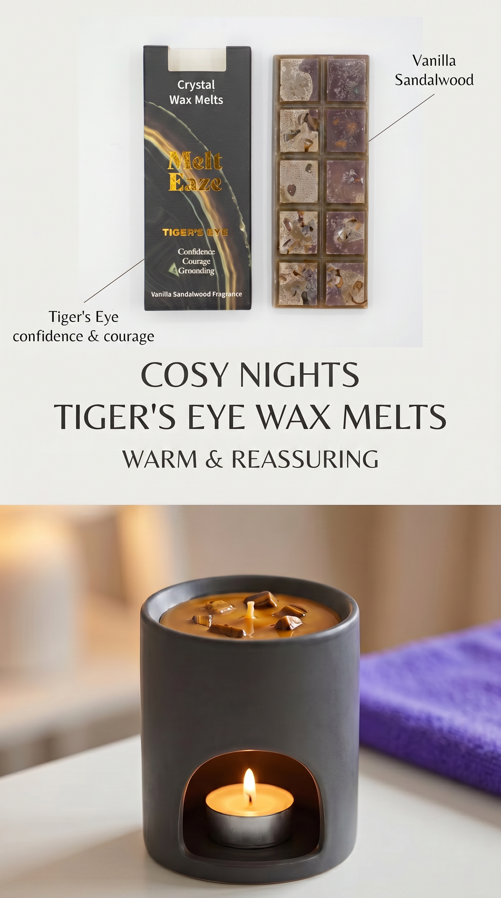Wax Melts Bar Vanilla Sandalwood fragrance with Tigereye Gemstone Chips