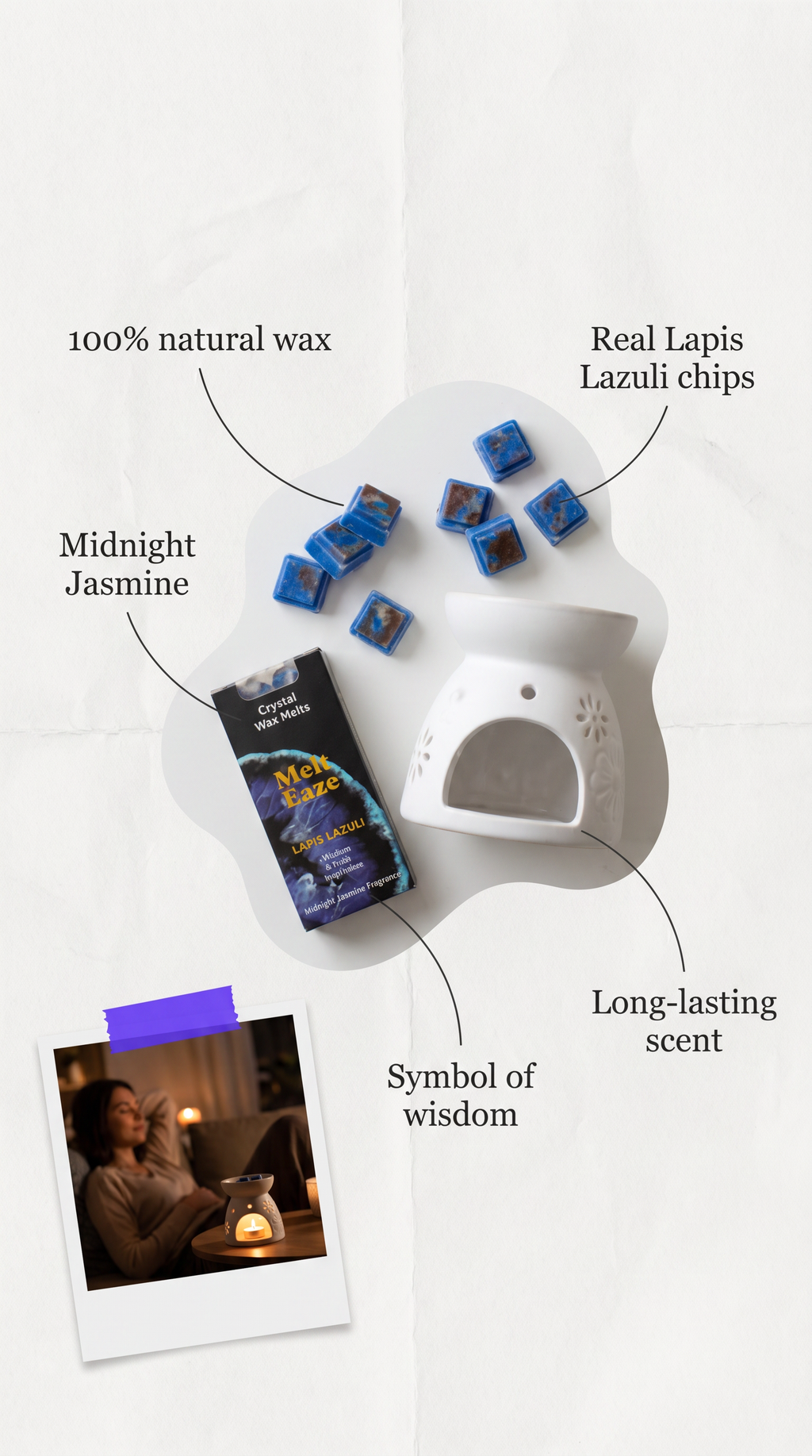 Wax melts bar Jasmine fragrance with Lapis Lazuli gemstone chips
