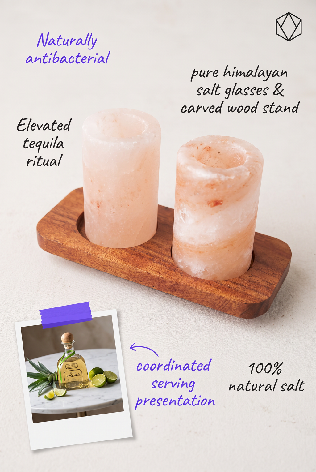 Himalayan Salt Shot Glasses Set of 2 With Wood Serving Stand