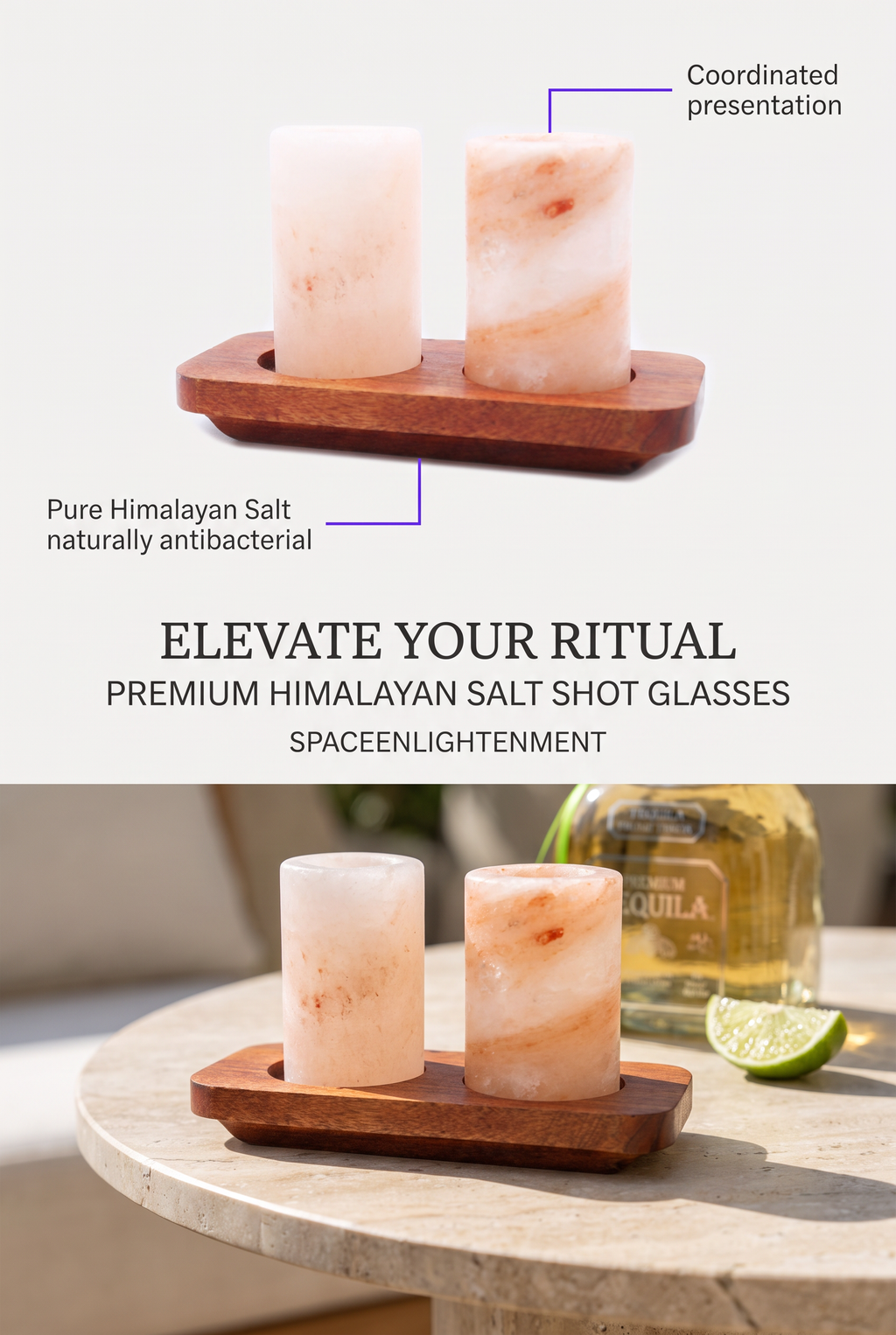 Himalayan Salt Shot Glasses Set of 2 With Wood Serving Stand