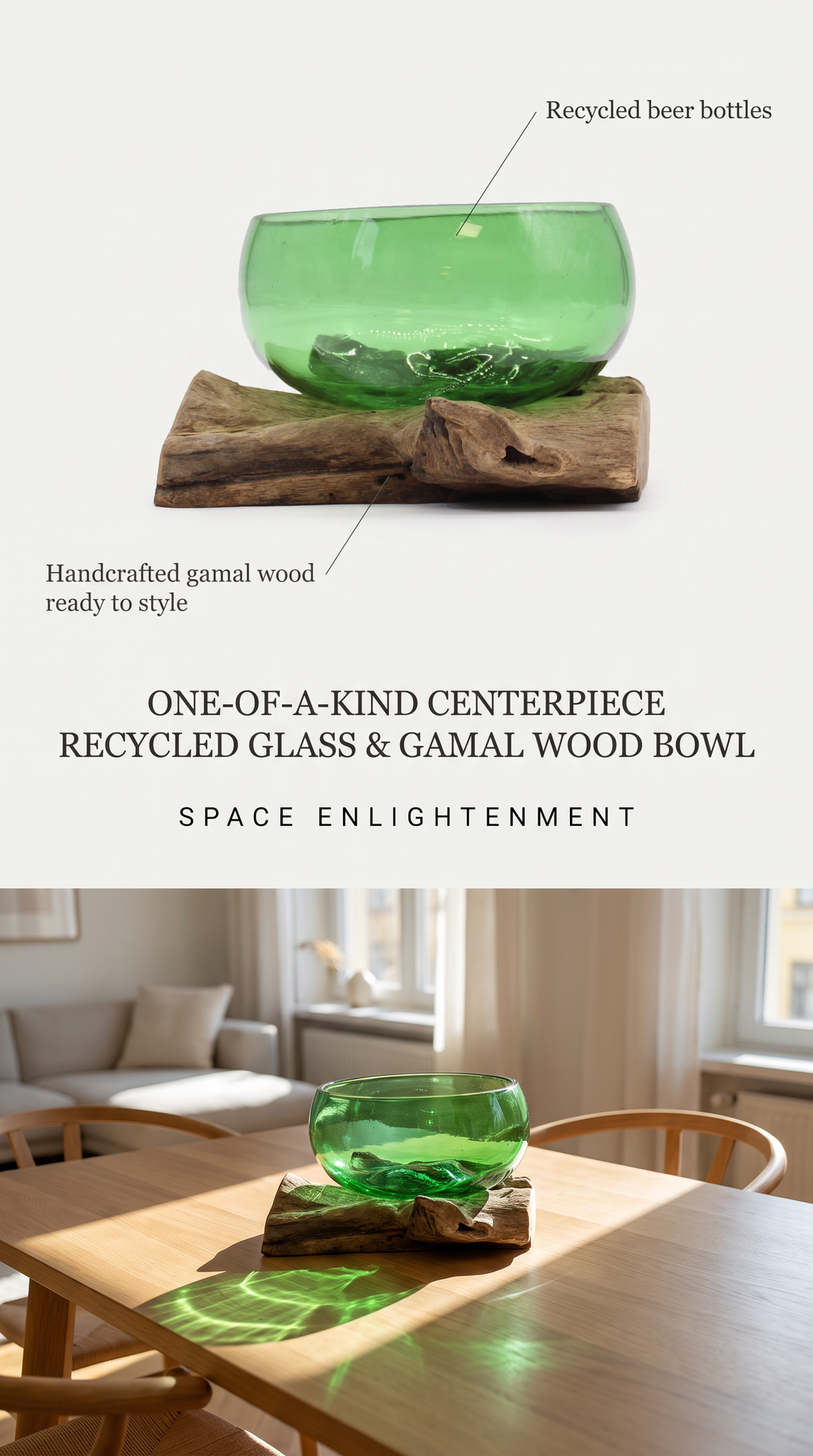 Green Glass Ornamental Bowl Handcrafted from Recycled Glass and Gamal Wood