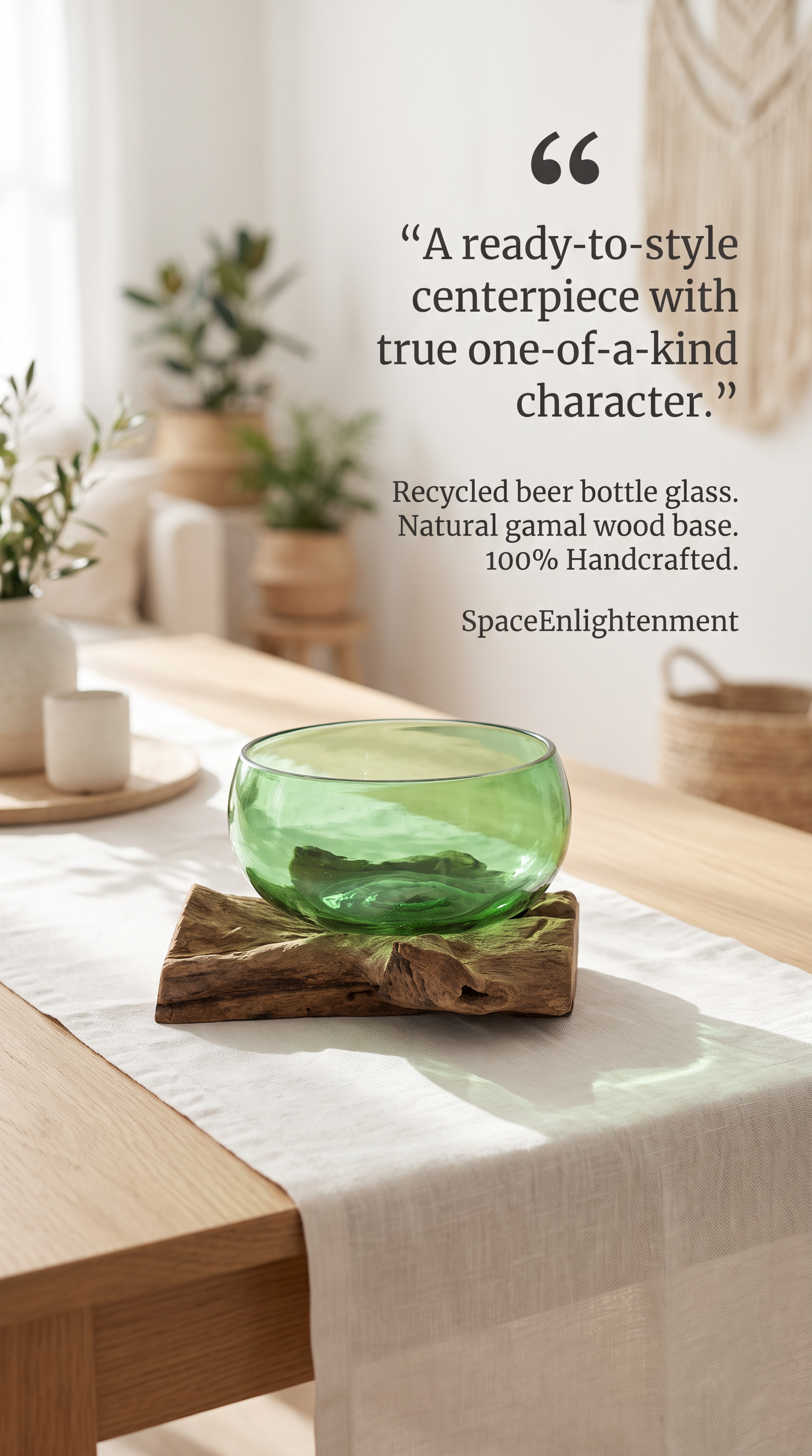 Green Glass Ornamental Bowl Handcrafted from Recycled Glass and Gamal Wood