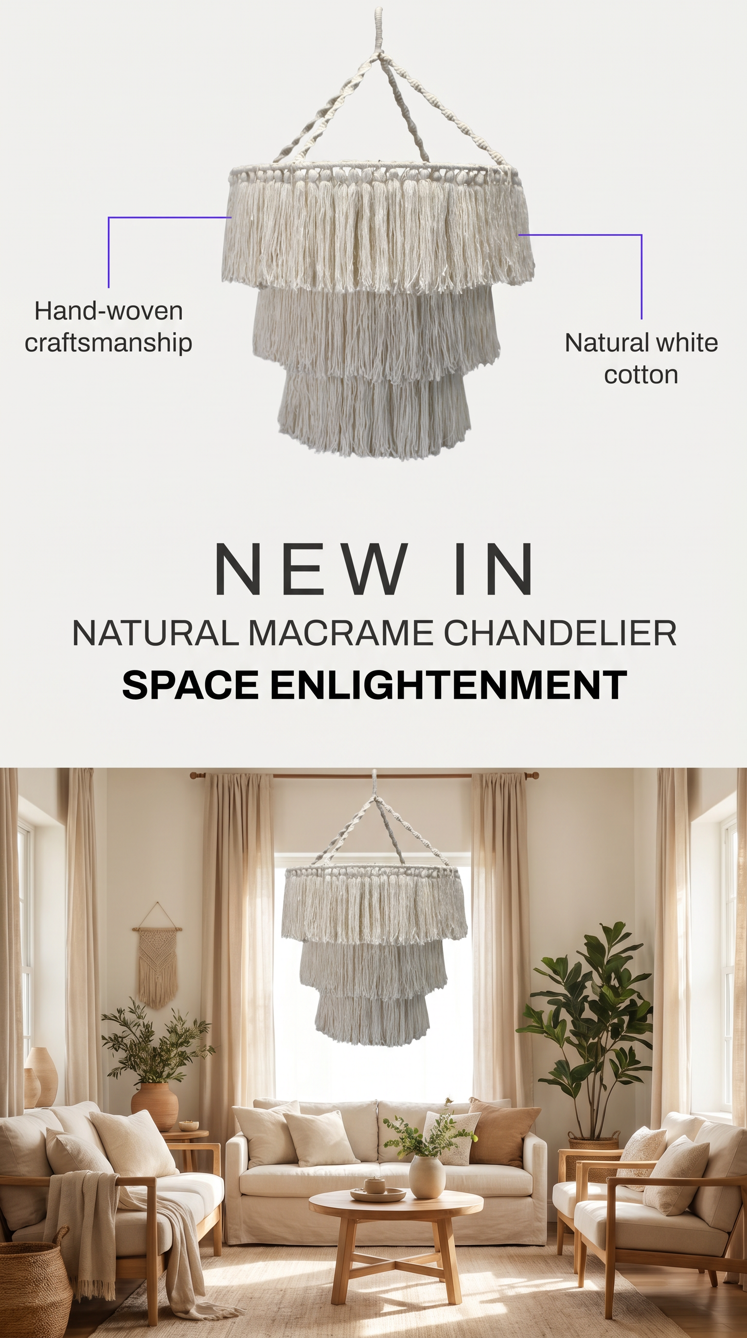 Handmade Macrame Soft Chandelier Natural White