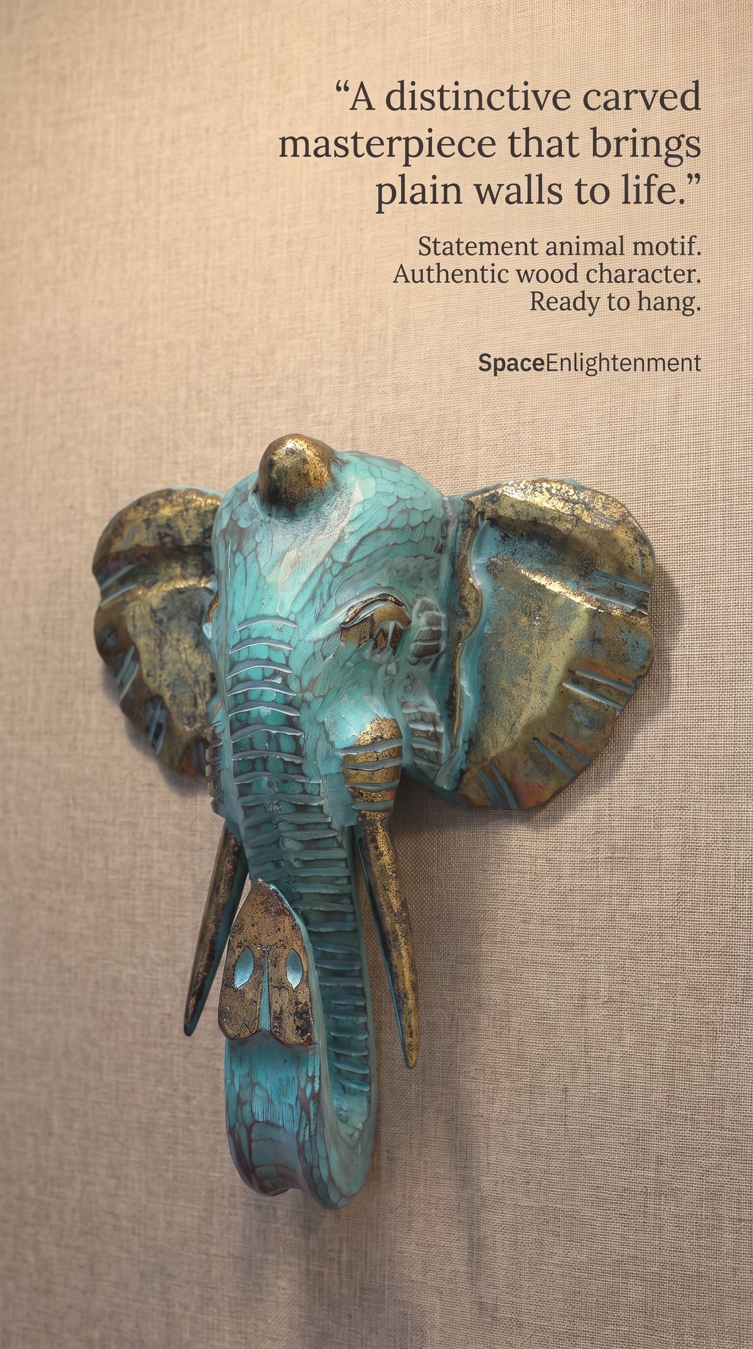Majestic Elephant Head Gold & Turquoise Large Decorative Unique Wall Hanging