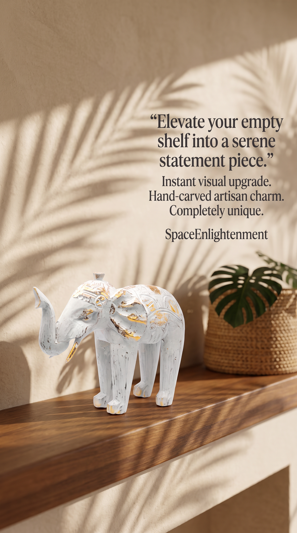 Wood Carved Elephant White Gold