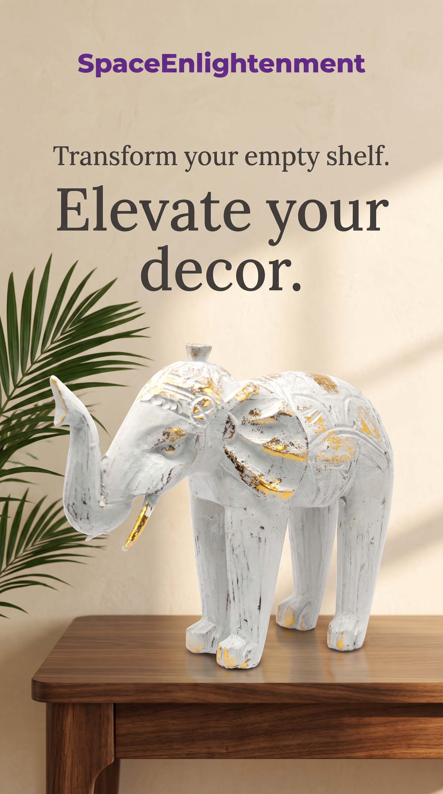 Wood Carved Elephant White Gold