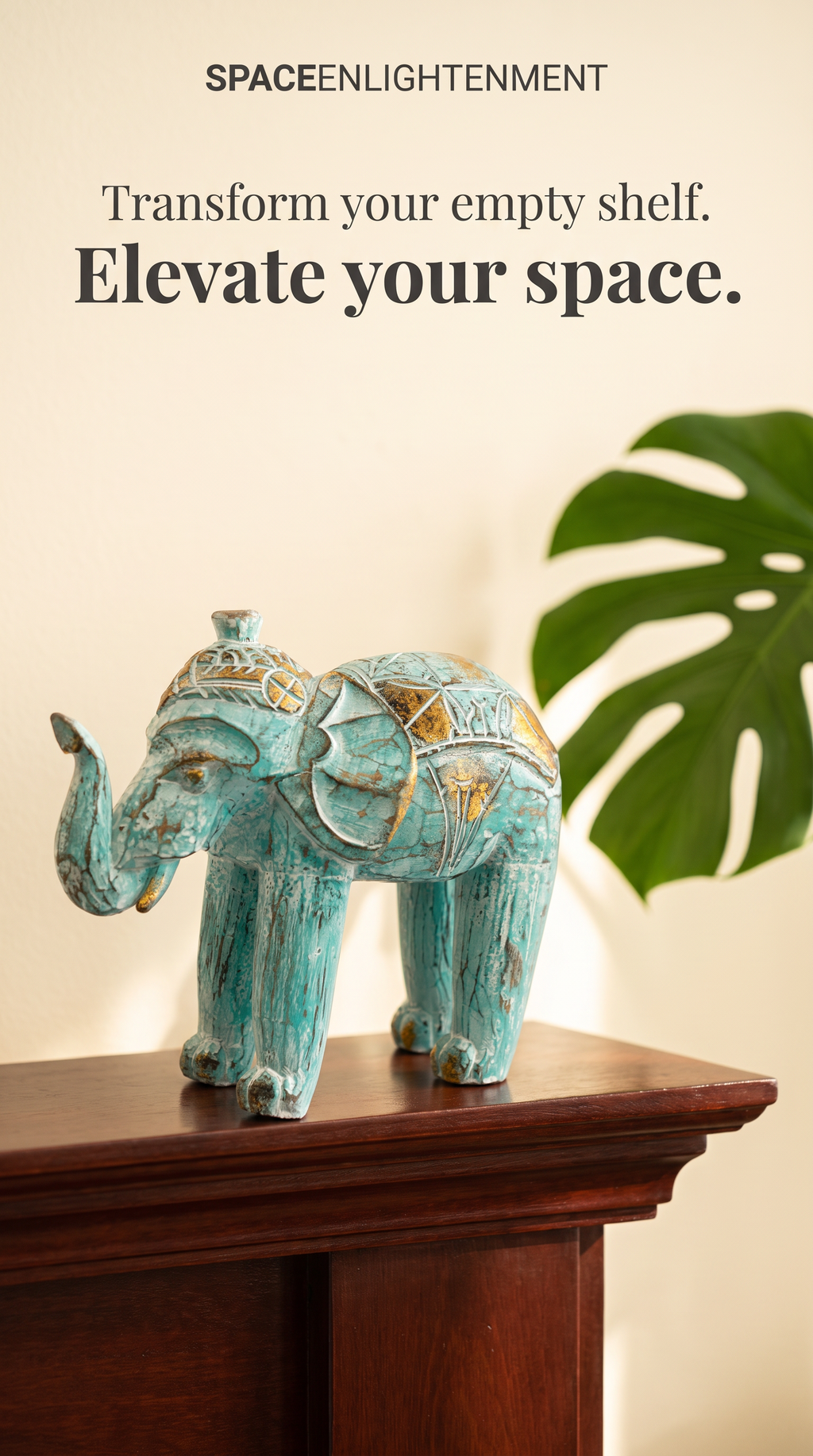 Wood Carved Elephant Turquoise Gold