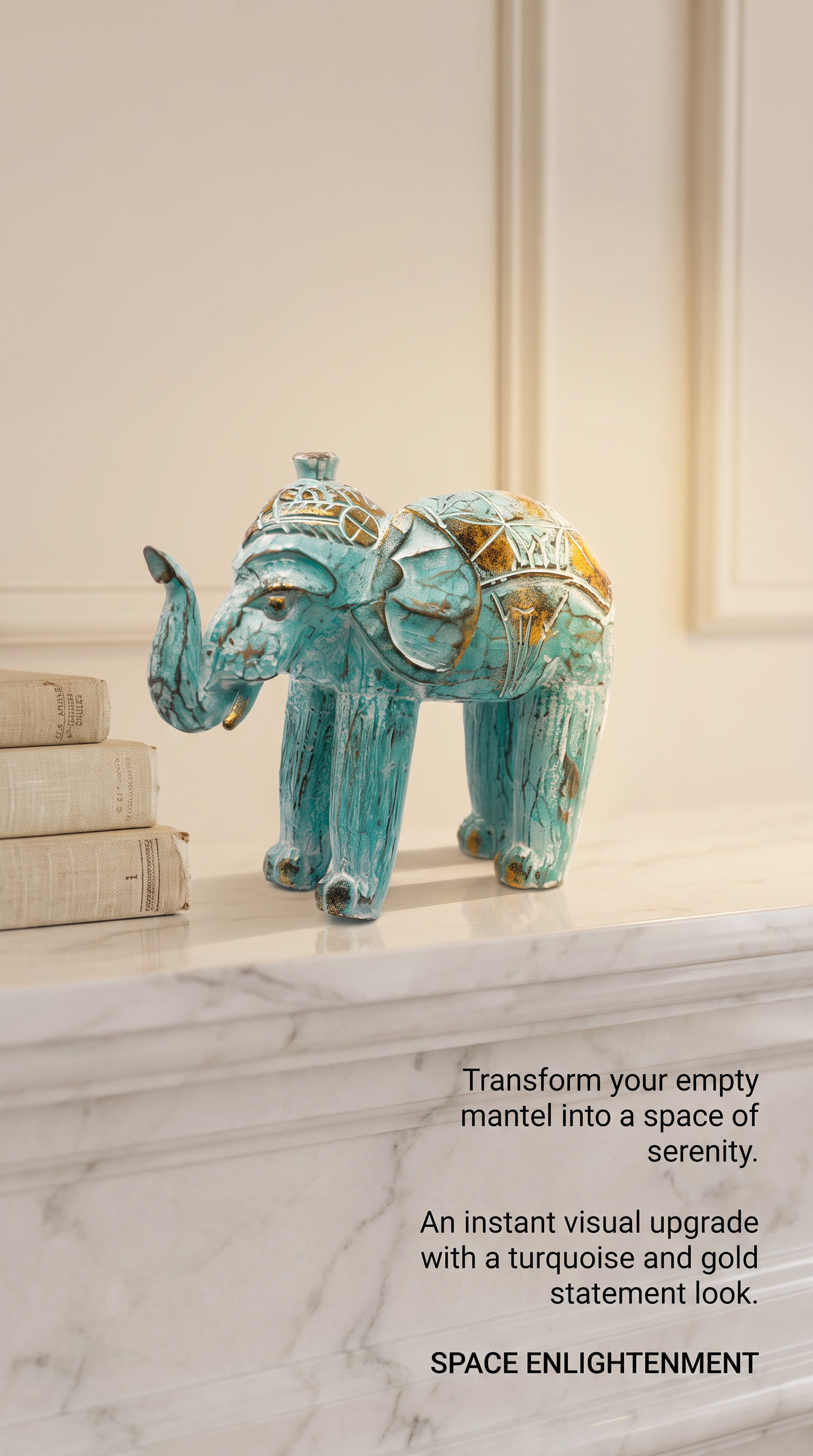 Wood Carved Elephant Turquoise Gold