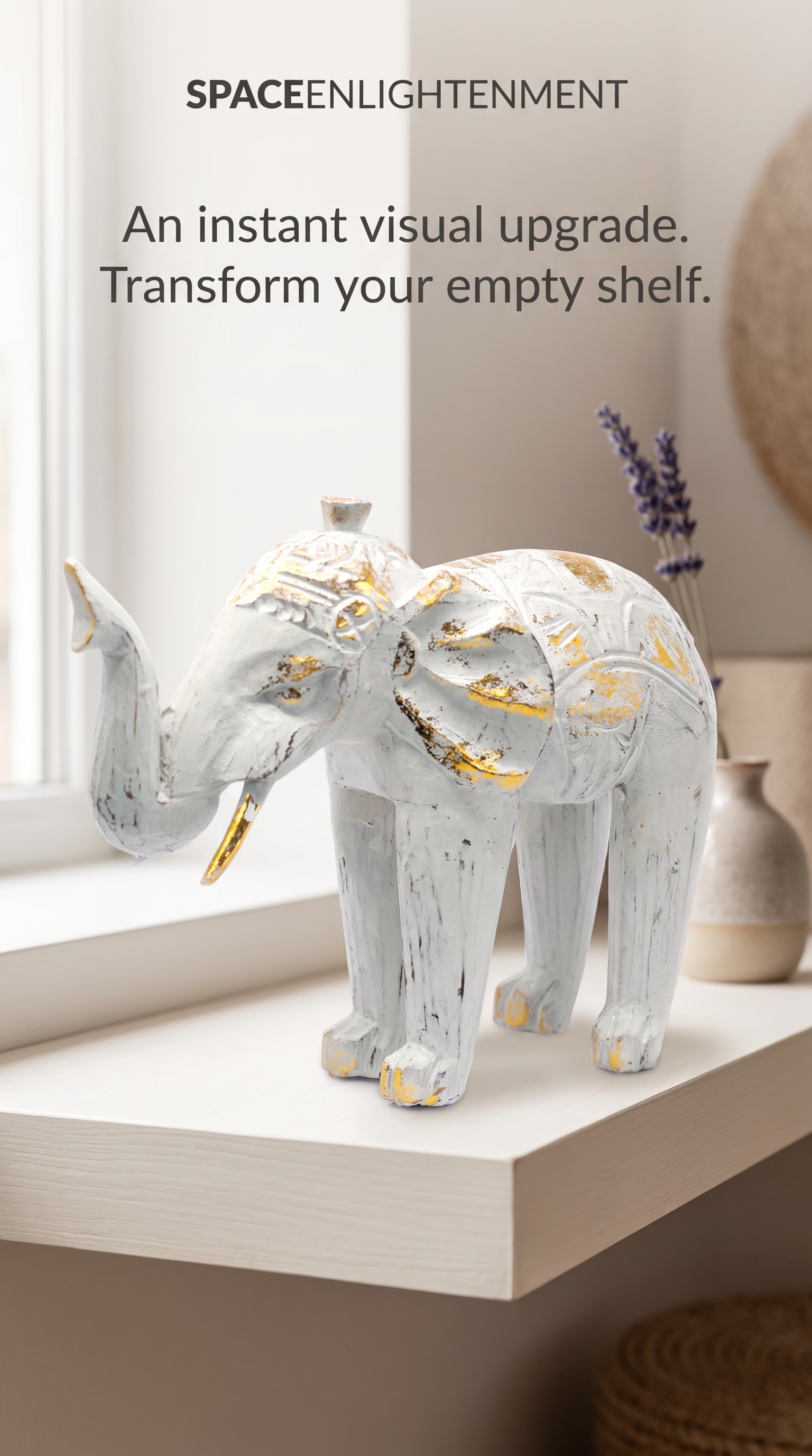 Wood Carved Elephant White Gold