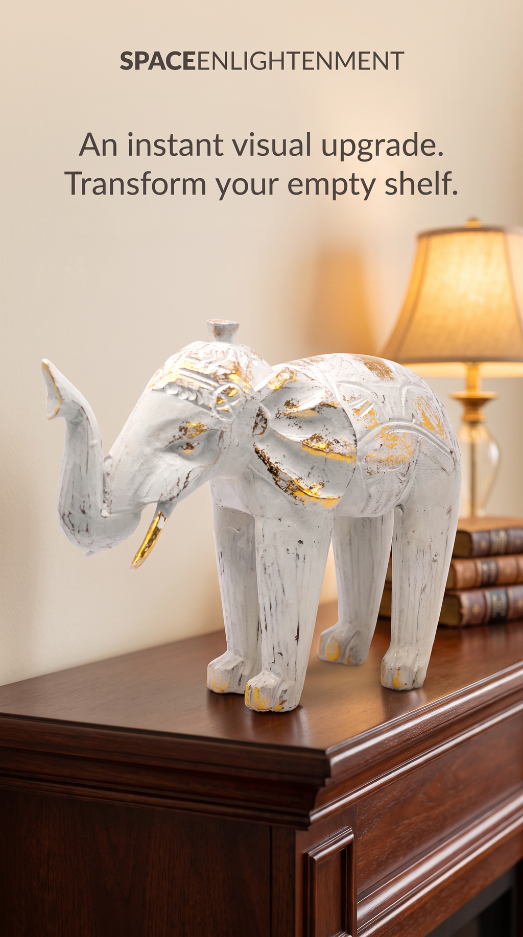 Wood Carved Elephant White Gold