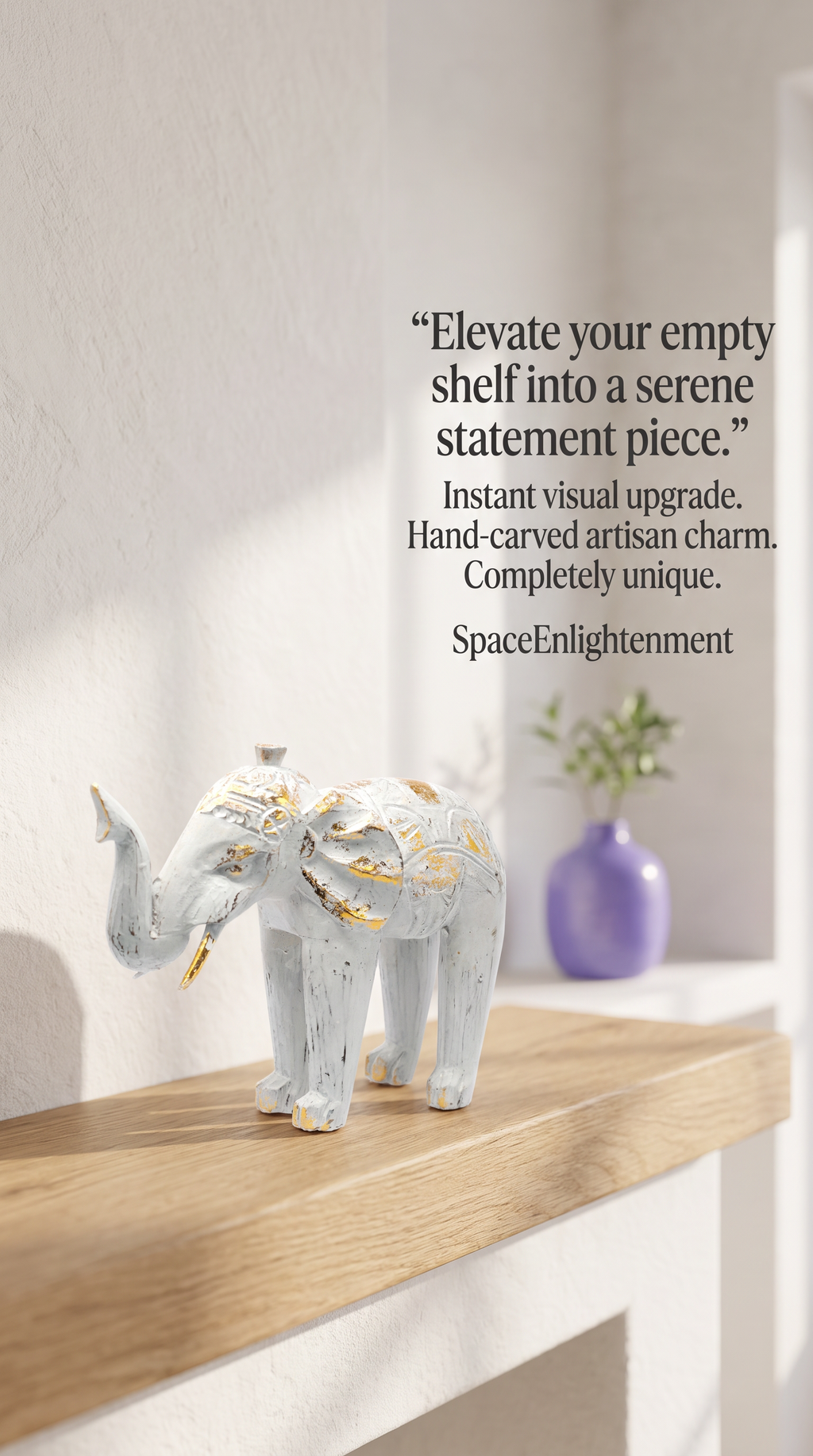 Wood Carved Elephant White Gold