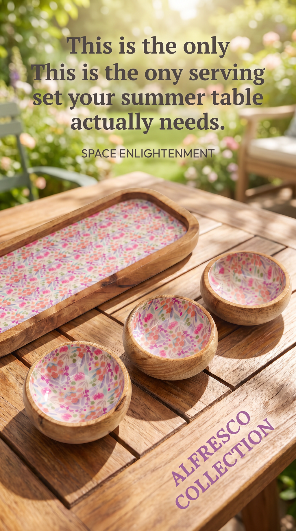 Serving Tray With 3 Bowls - Handmade Mango Wood Pretty Floral Decor