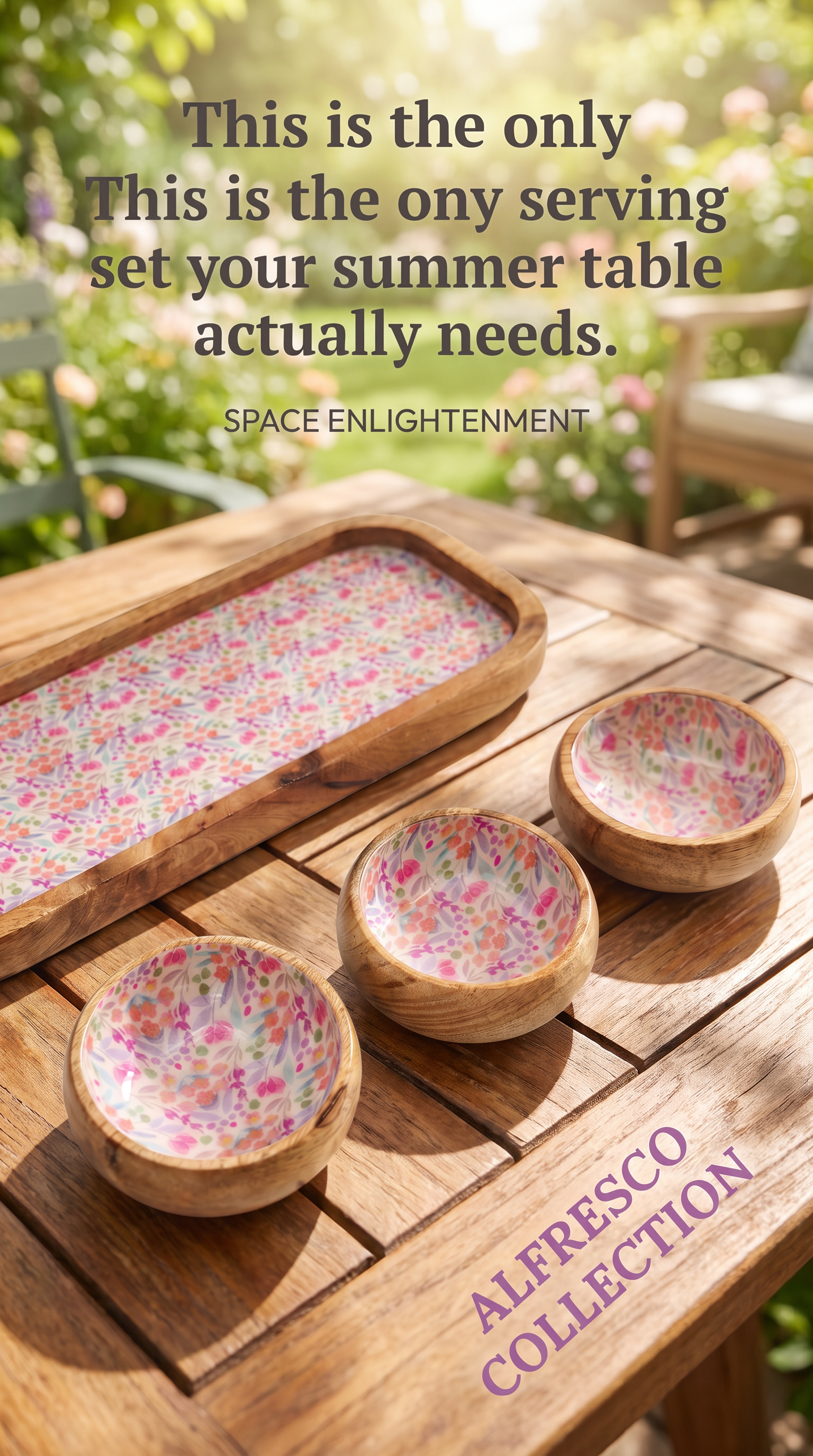 Serving Tray With 3 Bowls - Handmade Mango Wood Pretty Floral Decor