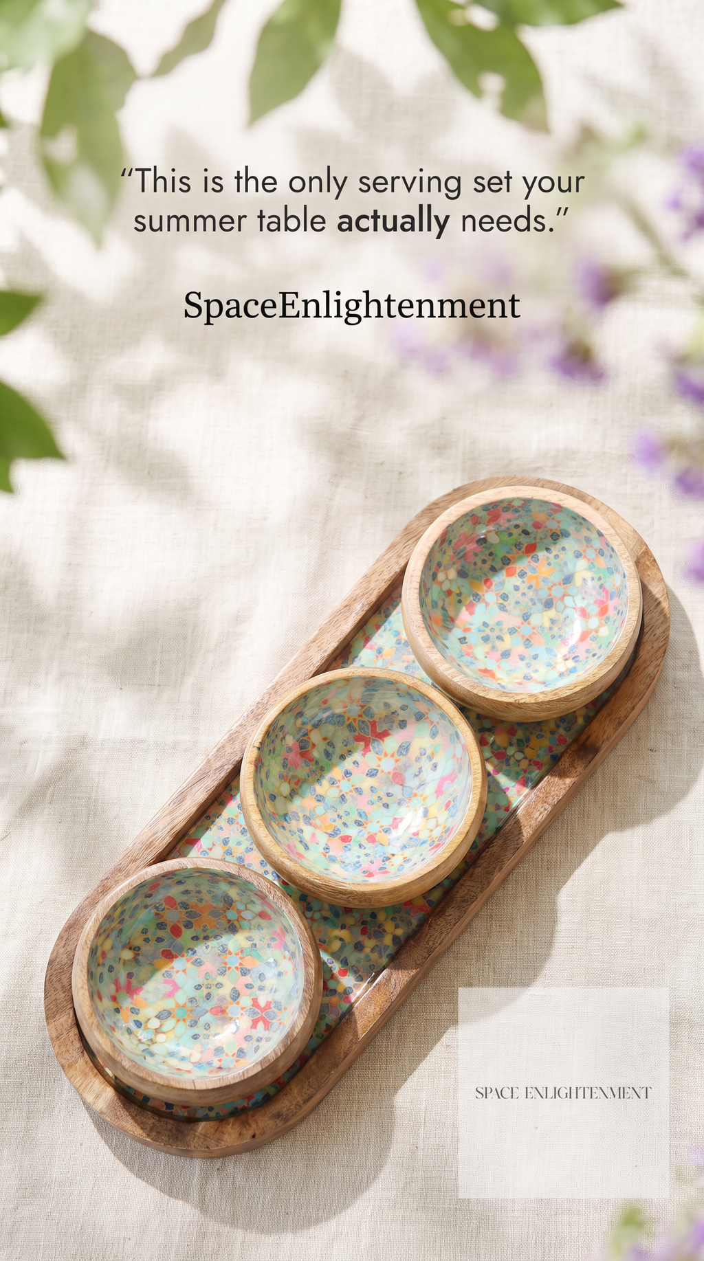Serving Tray With 3 Bowls - Handmade Mango Wood Pretty Floral Decor