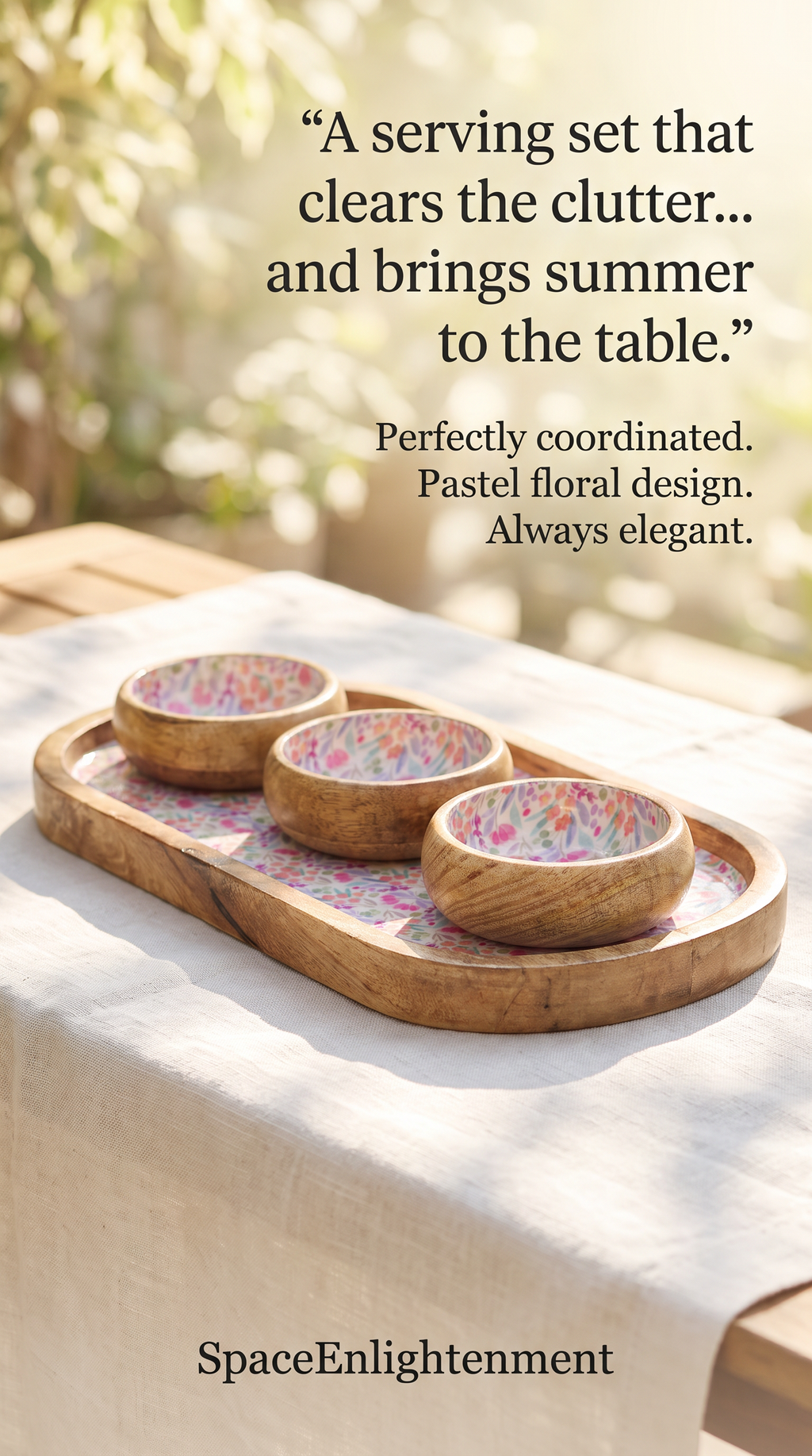 Serving Tray With 3 Bowls - Handmade Mango Wood Pretty Floral Decor