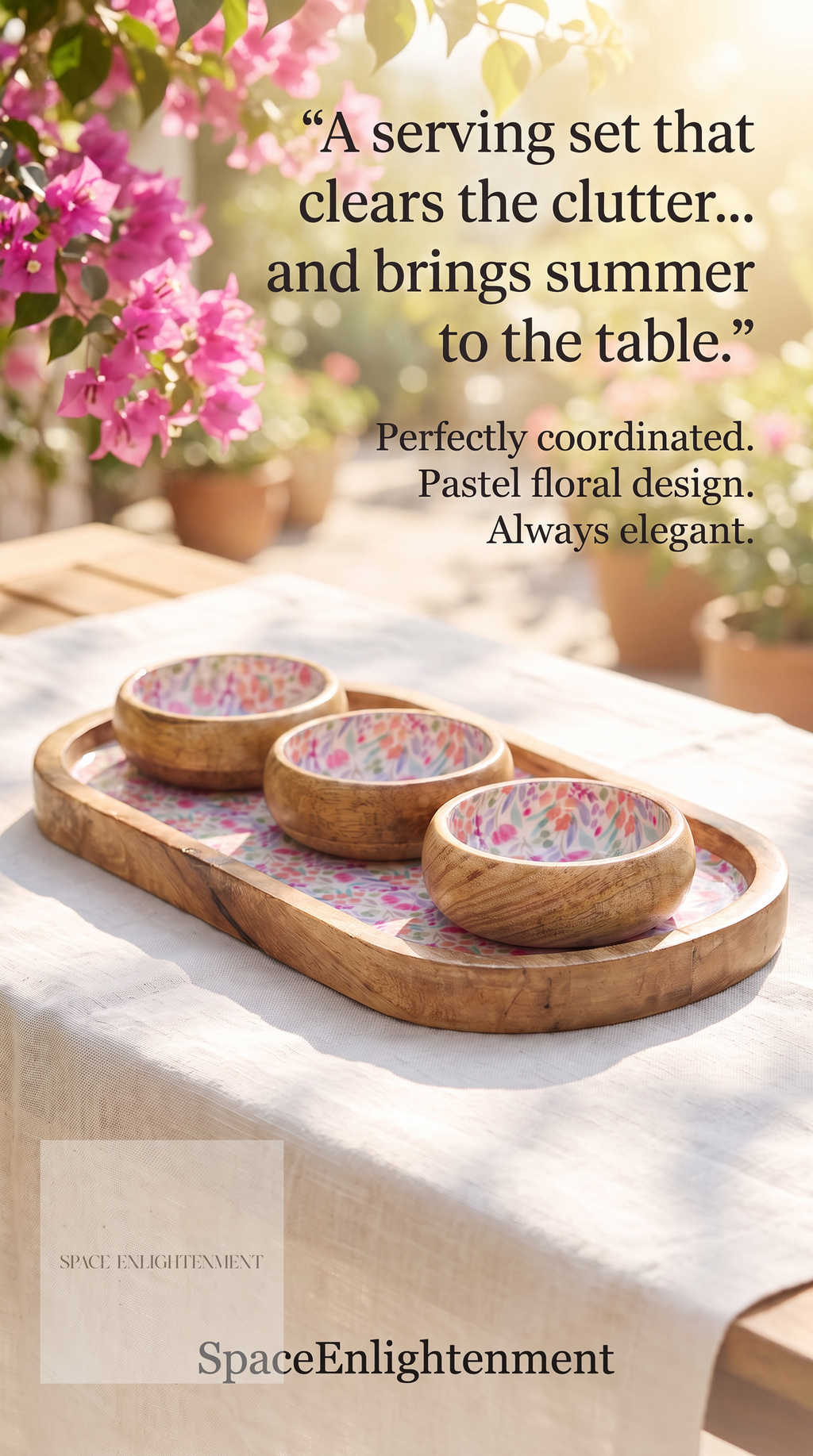 Serving Tray With 3 Bowls - Handmade Mango Wood Pretty Floral Decor