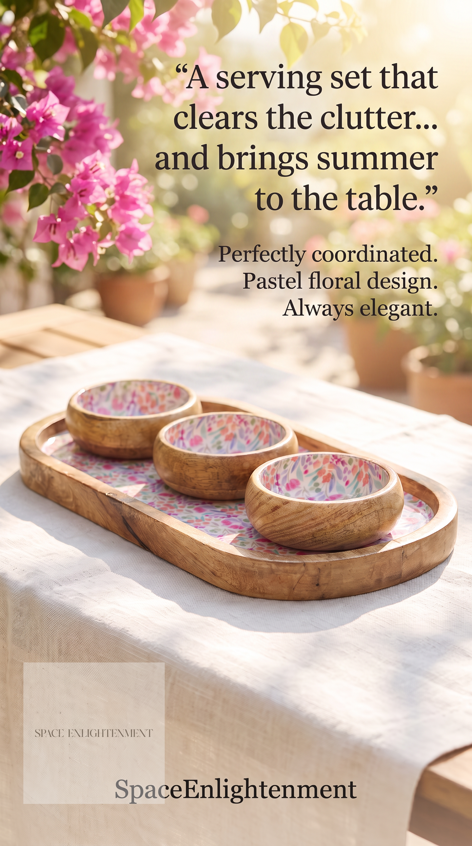 Serving Tray With 3 Bowls - Handmade Mango Wood Pretty Floral Decor