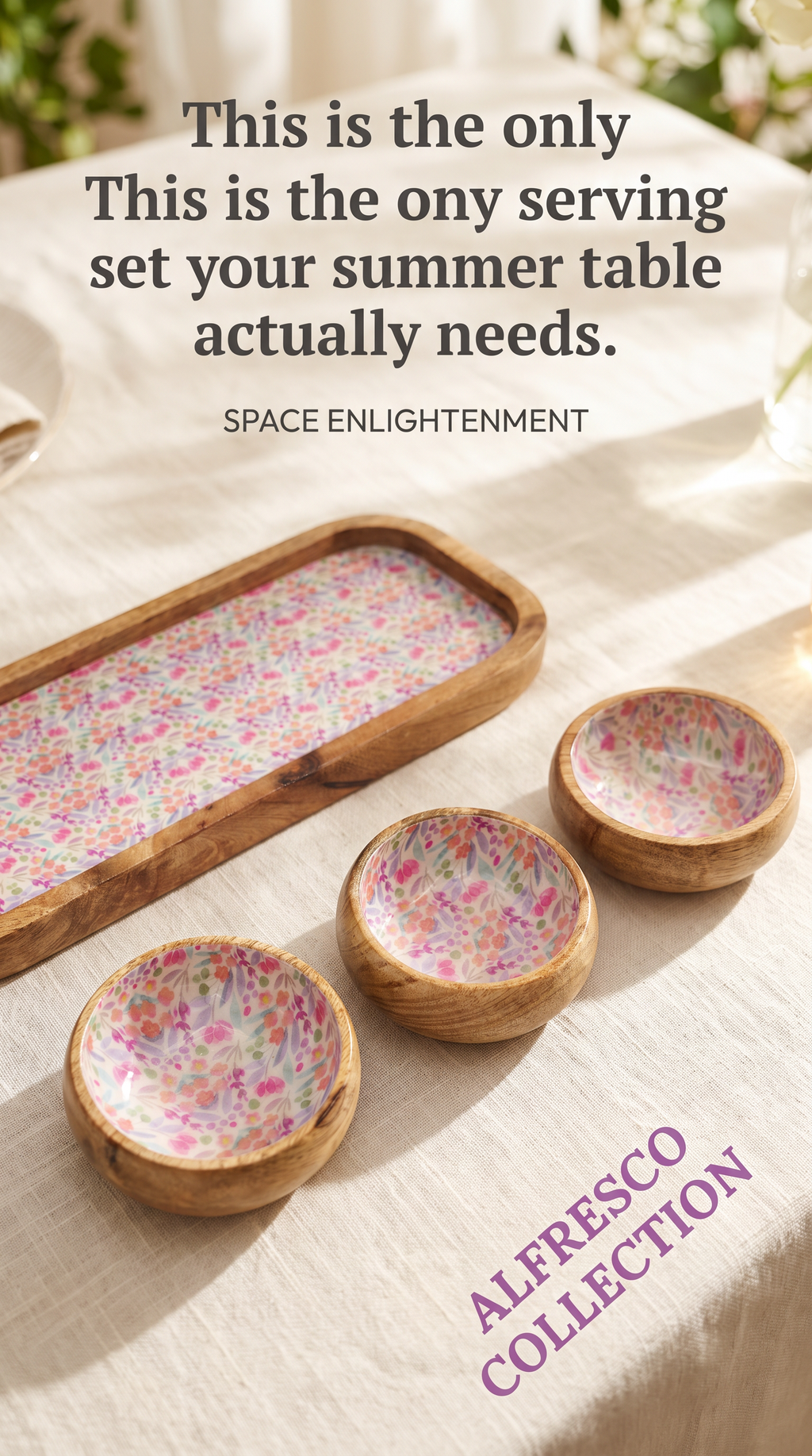 Serving Tray With 3 Bowls - Handmade Mango Wood Pretty Floral Decor