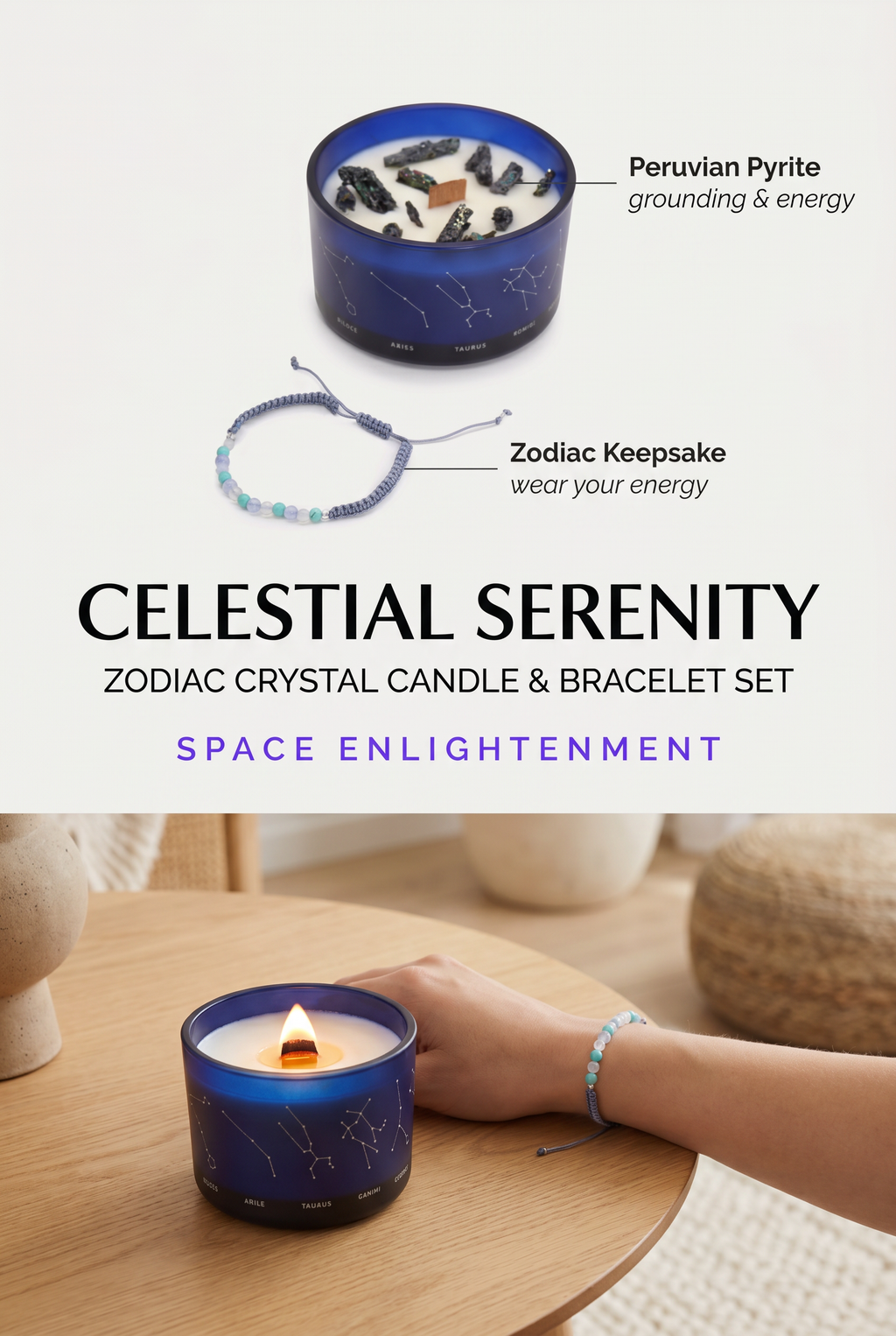Libra Zodiac Crystal Candle with Green Aventurine, Opal, and Rose quartz Bracelet Giftset