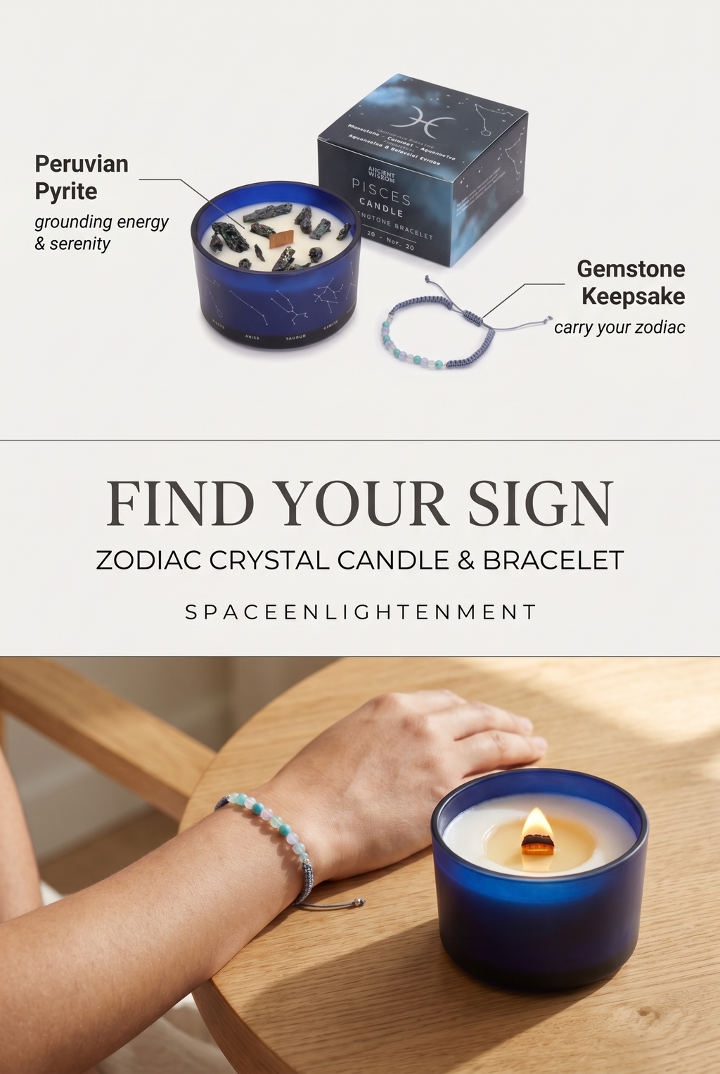 Libra Zodiac Crystal Candle with Green Aventurine, Opal, and Rose quartz Bracelet Giftset