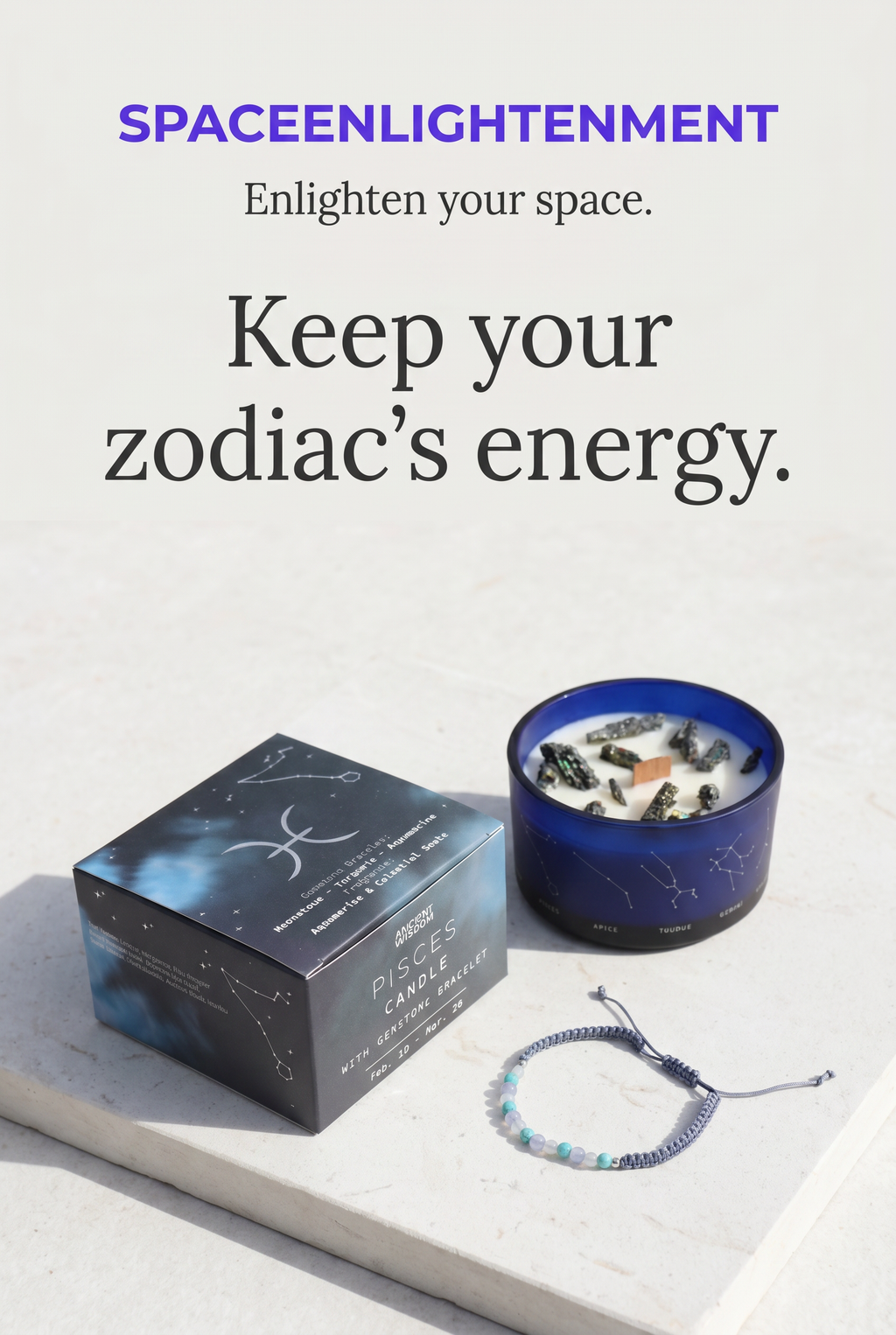 Libra Zodiac Crystal Candle with Green Aventurine, Opal, and Rose quartz Bracelet Giftset